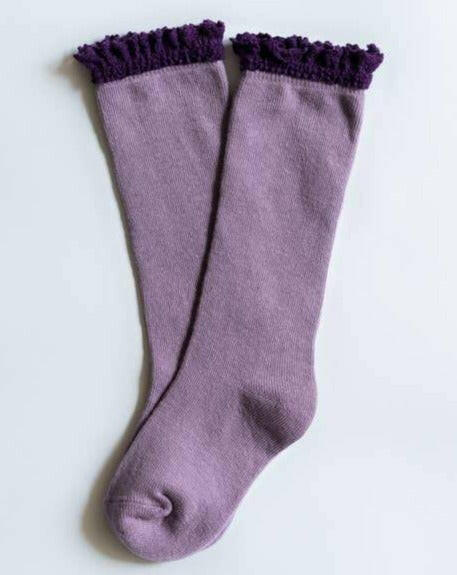 Purple + Plum Lace Top Knee Highs Socks Little Stocking Co 0/6M Purple + Plum