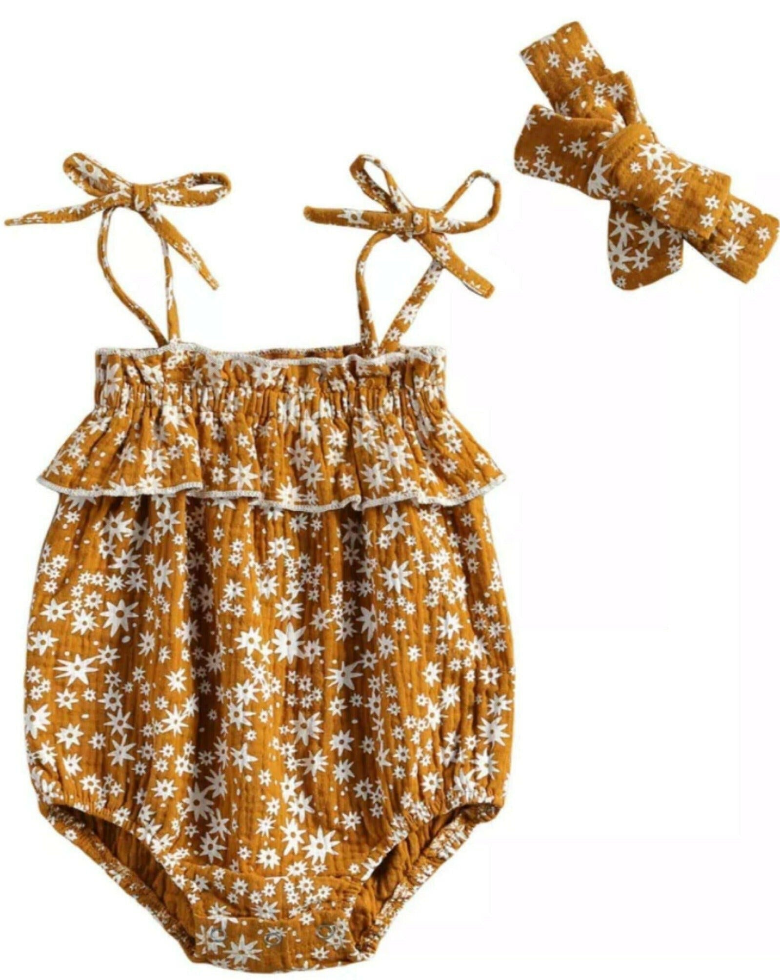 Golden Rod Floral Bubble Romper and Headband Set Baby Clothing Tiny Trendsetter Inc.