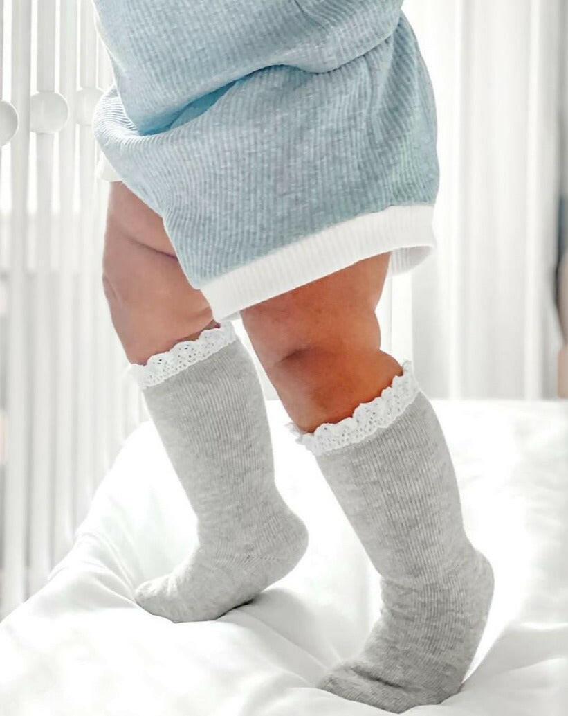 Gray + White Lace Top Knee Highs Socks Little Stocking Co