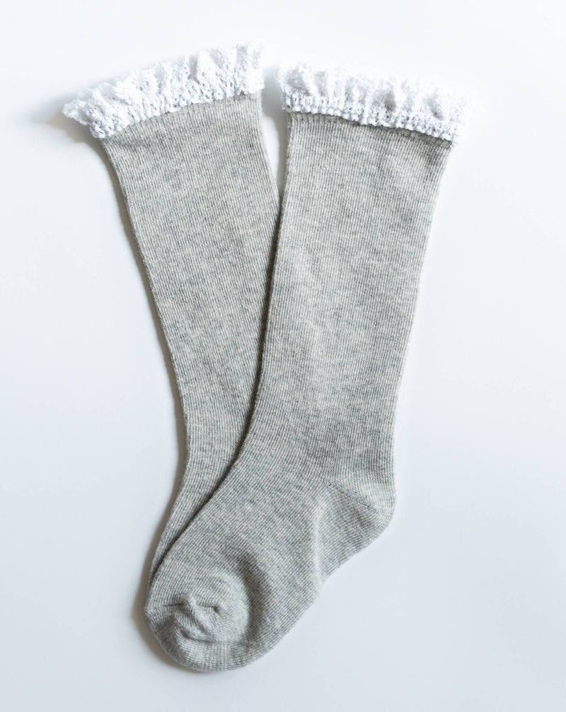 Gray + White Lace Top Knee Highs