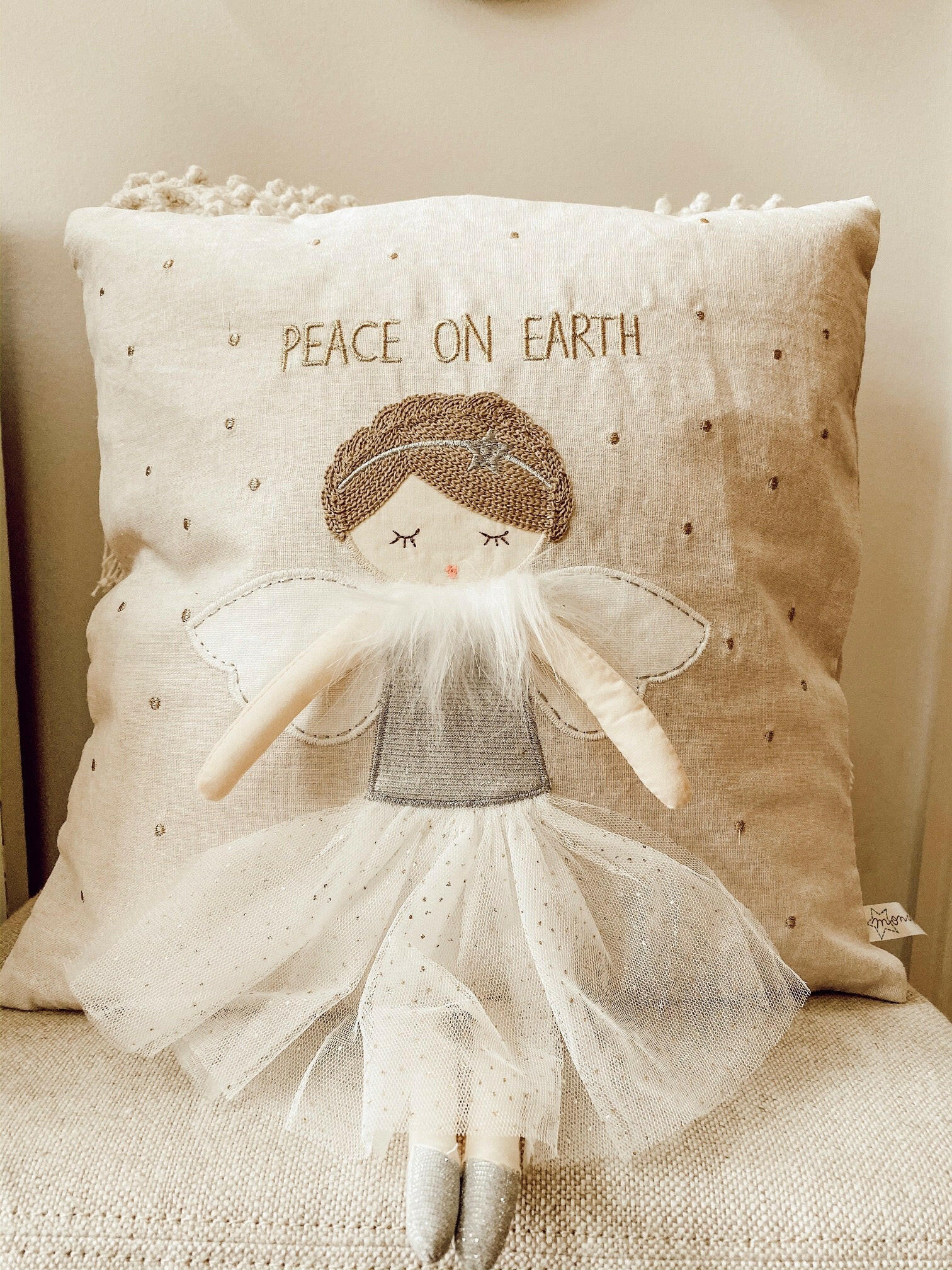 Whimsical Angel 'Peace On Earth' Decorative Pillow 16" x 16" Pillow MON AMI