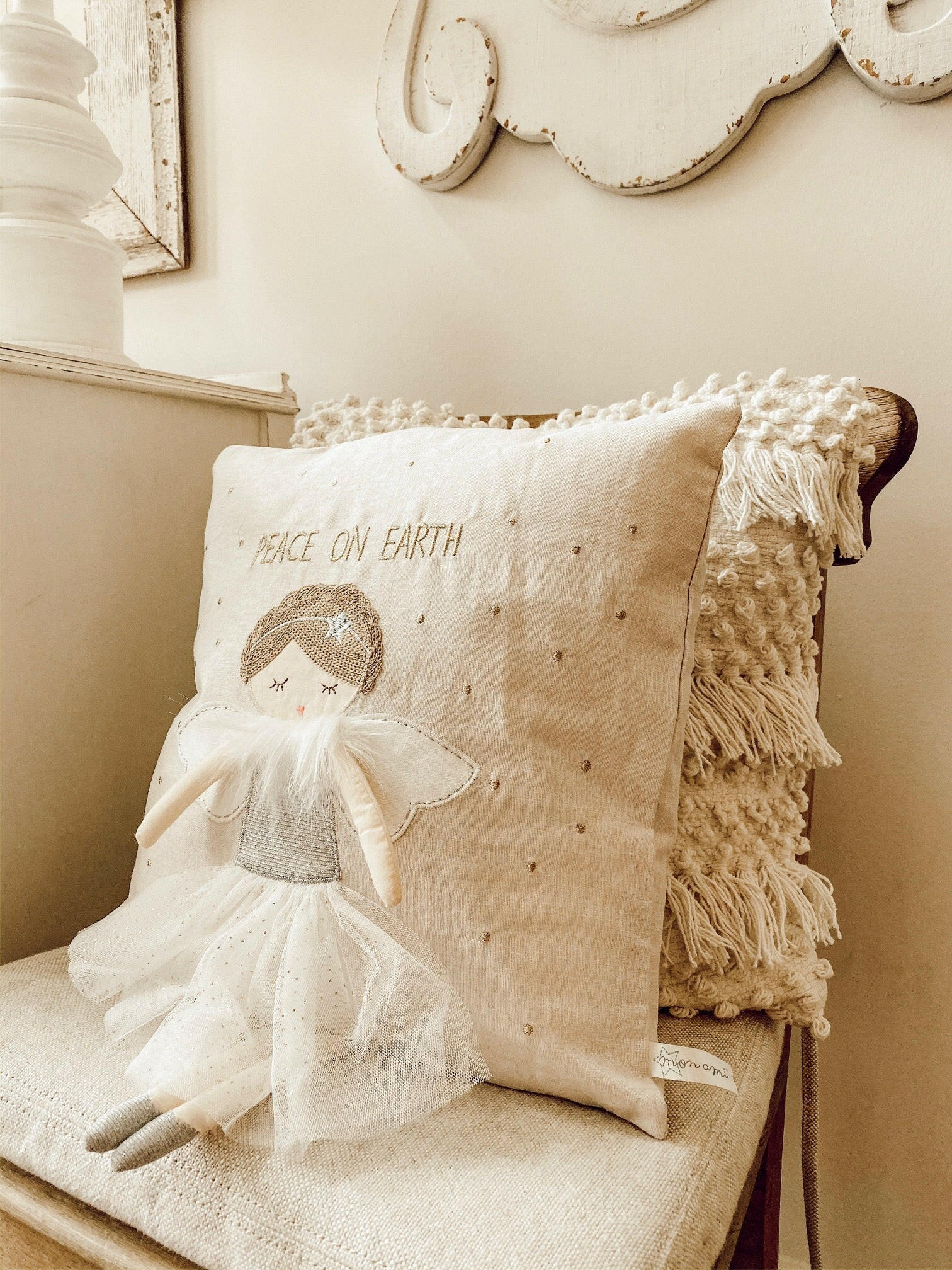 Whimsical Angel 'Peace On Earth' Decorative Pillow 16" x 16" Pillow MON AMI