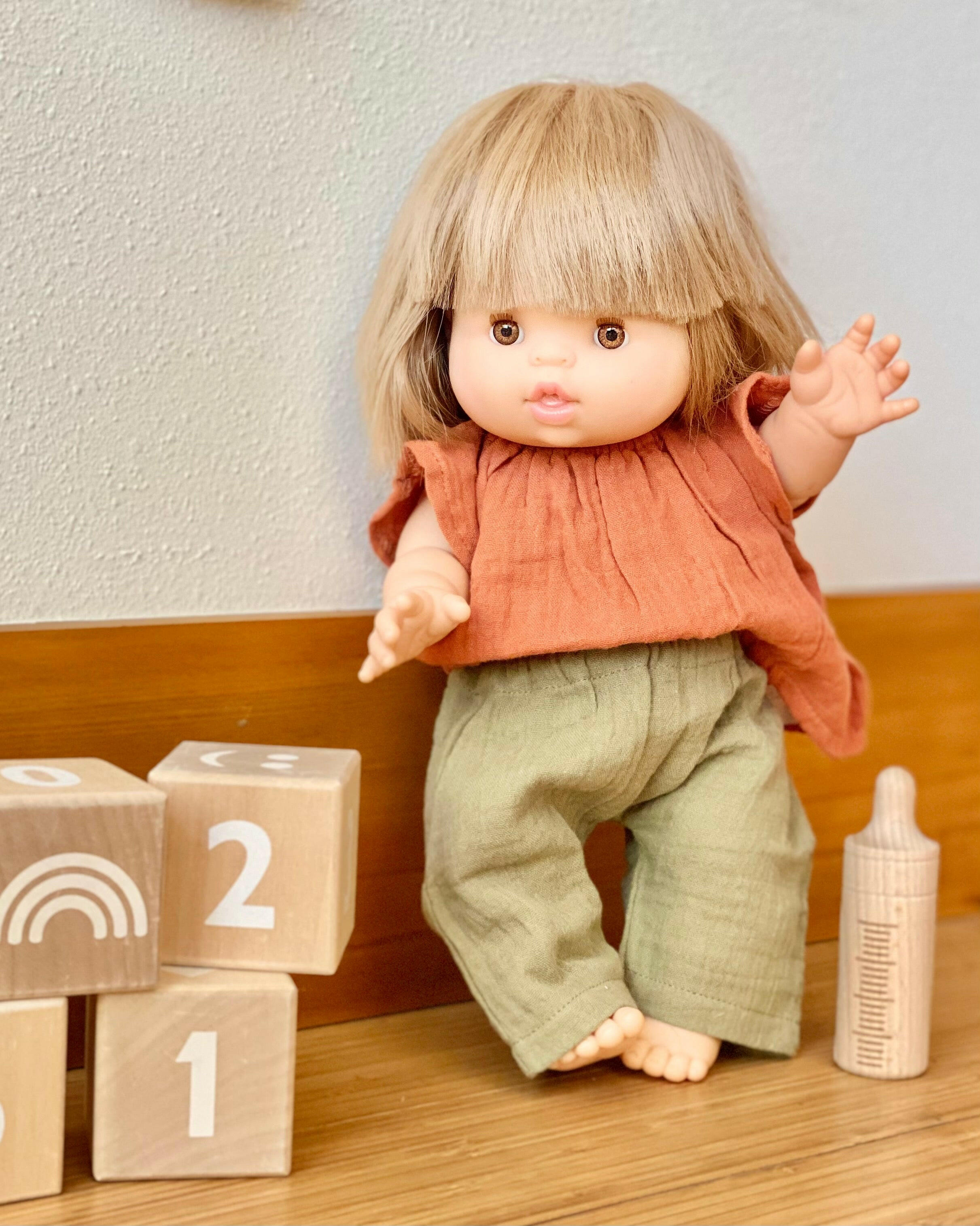 Doll Flutter Shirt & Pant Set - Mazarine Terracotta/Olive Doll Clothing Minikane