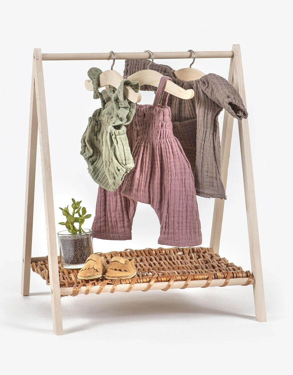 MiniKane Wooden Doll Clothing Rack with Rattan Shelf Doll Accessories Minikane