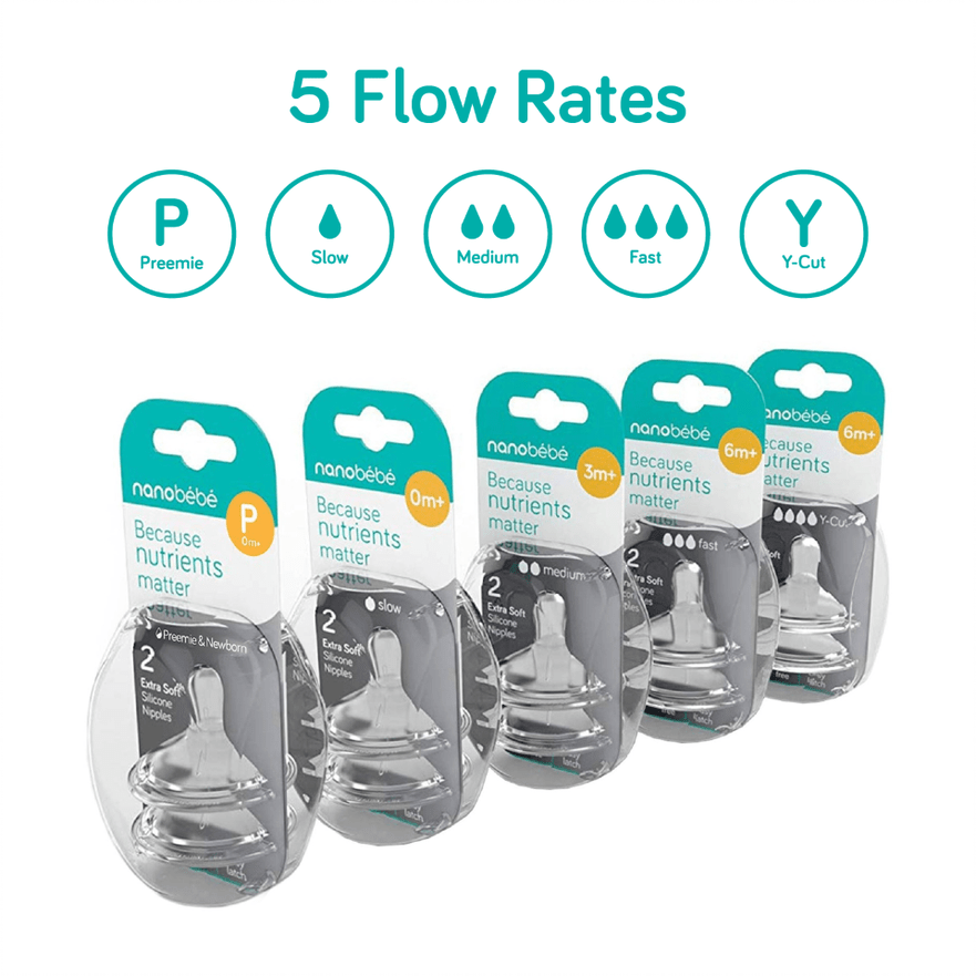 Silicone Baby Bottle Nipples, 5 Flow Rates, 2-Pack Accessories Nanobébé US