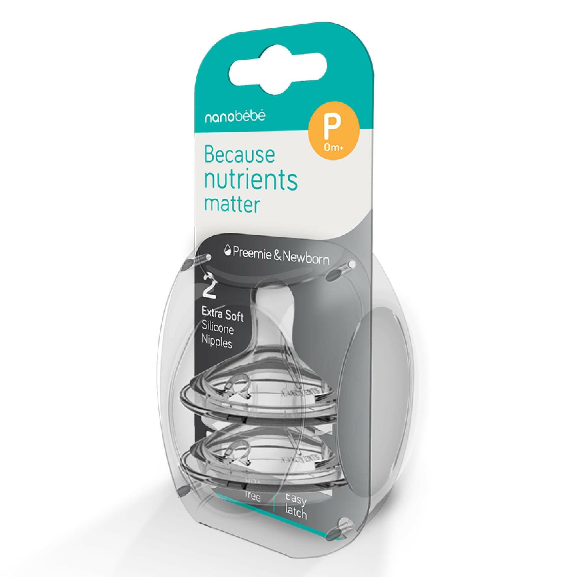 Silicone Baby Bottle Nipples, 5 Flow Rates, 2-Pack Accessories Nanobébé US Preemie Gen 1