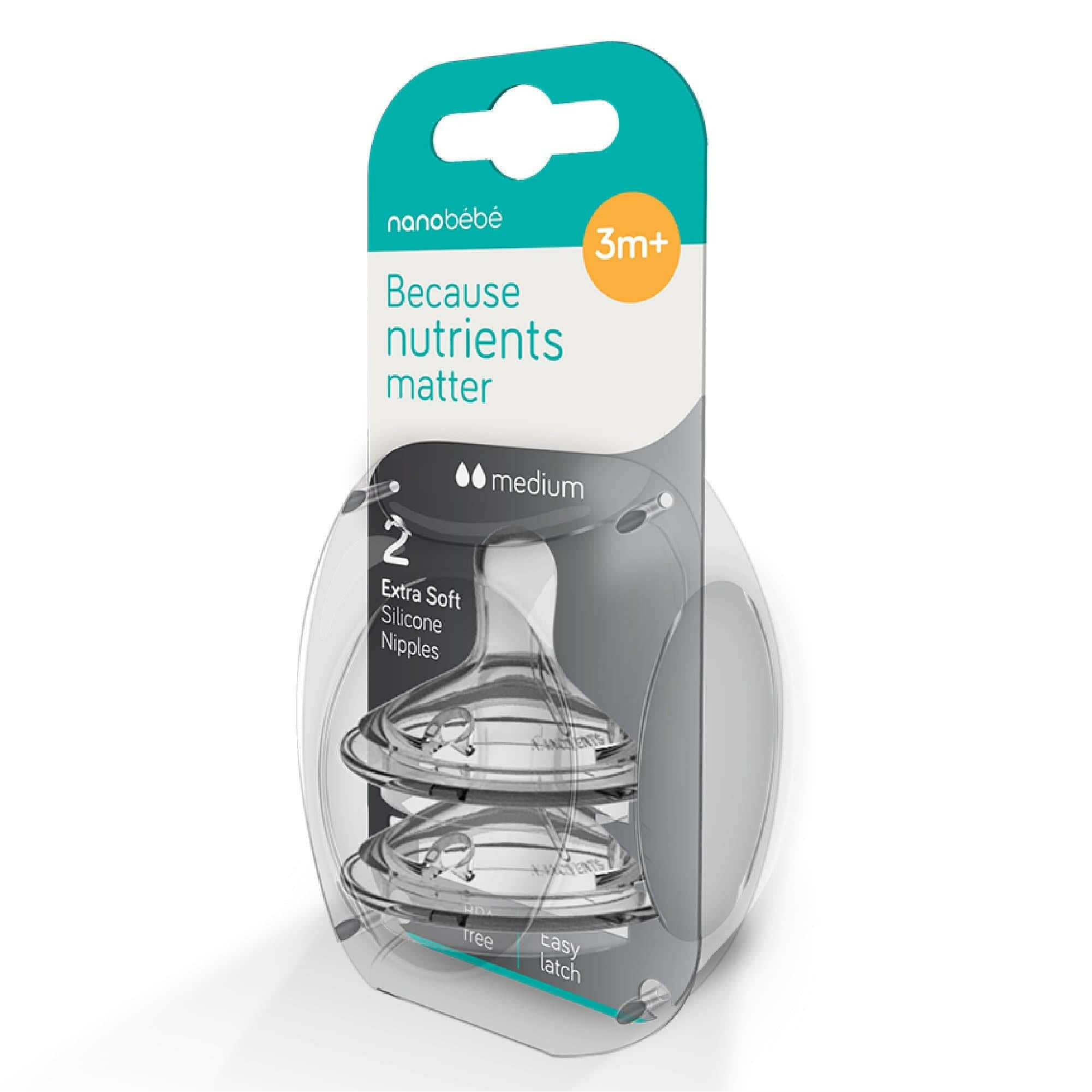Silicone Baby Bottle Nipples, 5 Flow Rates, 2-Pack Accessories Nanobébé US Medium Flow Gen 1