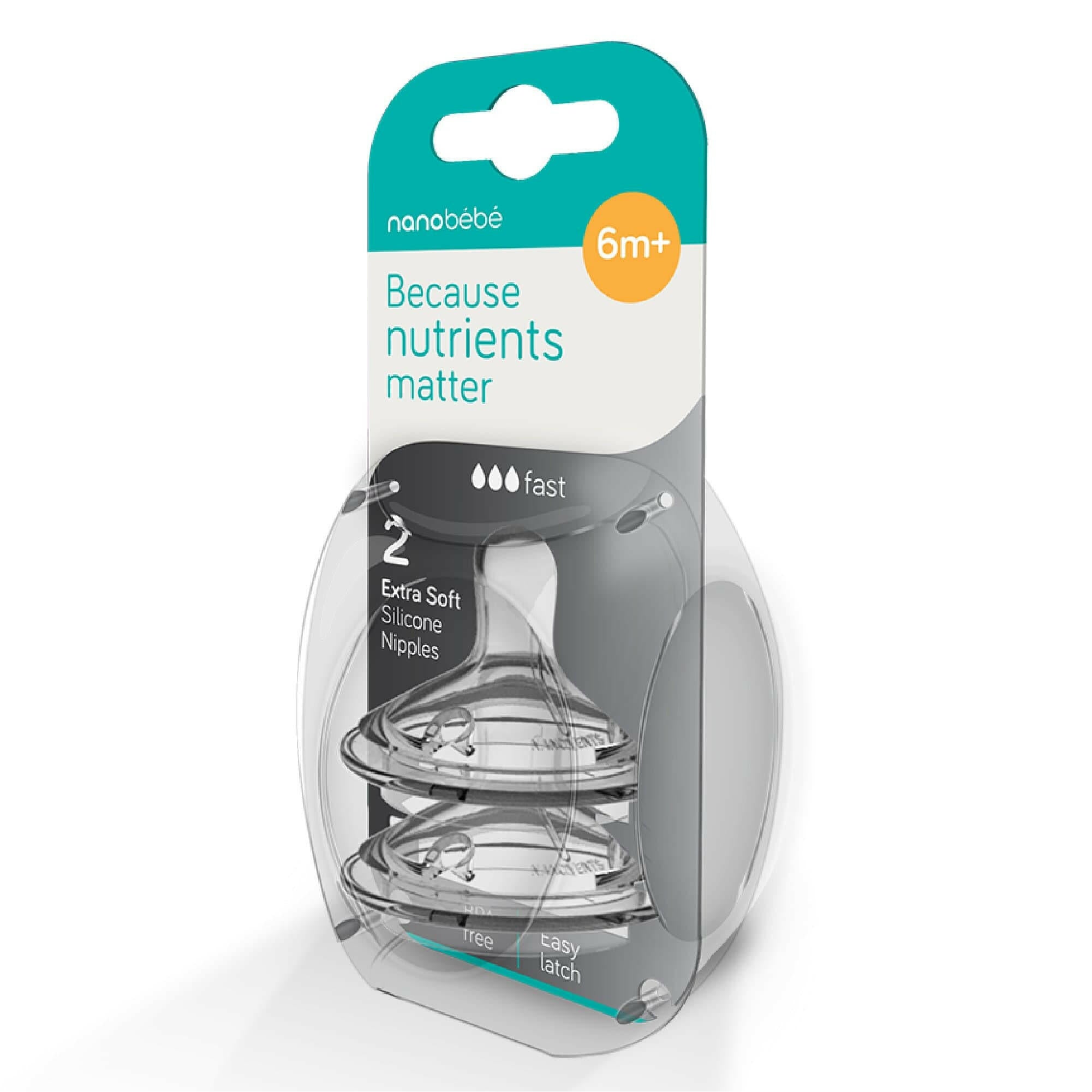 Silicone Baby Bottle Nipples, 5 Flow Rates, 2-Pack Accessories Nanobébé US Fast Flow Gen 1