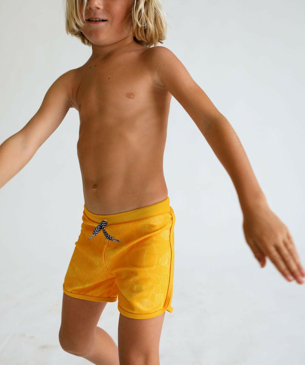 Toddler Soft Shorts for Swim in Yellow Ohia Lehua Print Kids OF ONE SEA 6 months Yellow Ohia Print