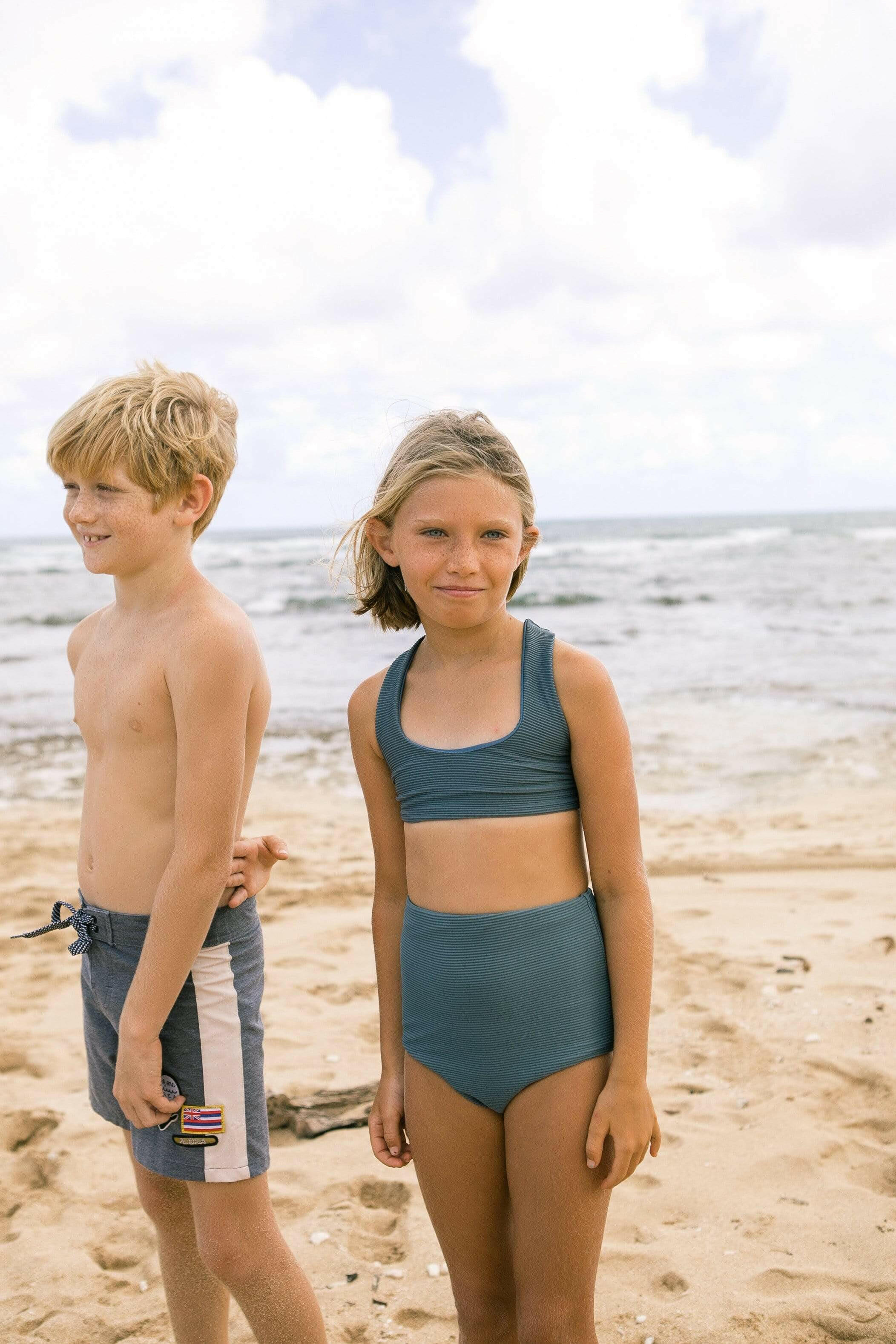 Girl's Bikini Separates in Steel Blue Ribbed Kids OF ONE SEA
