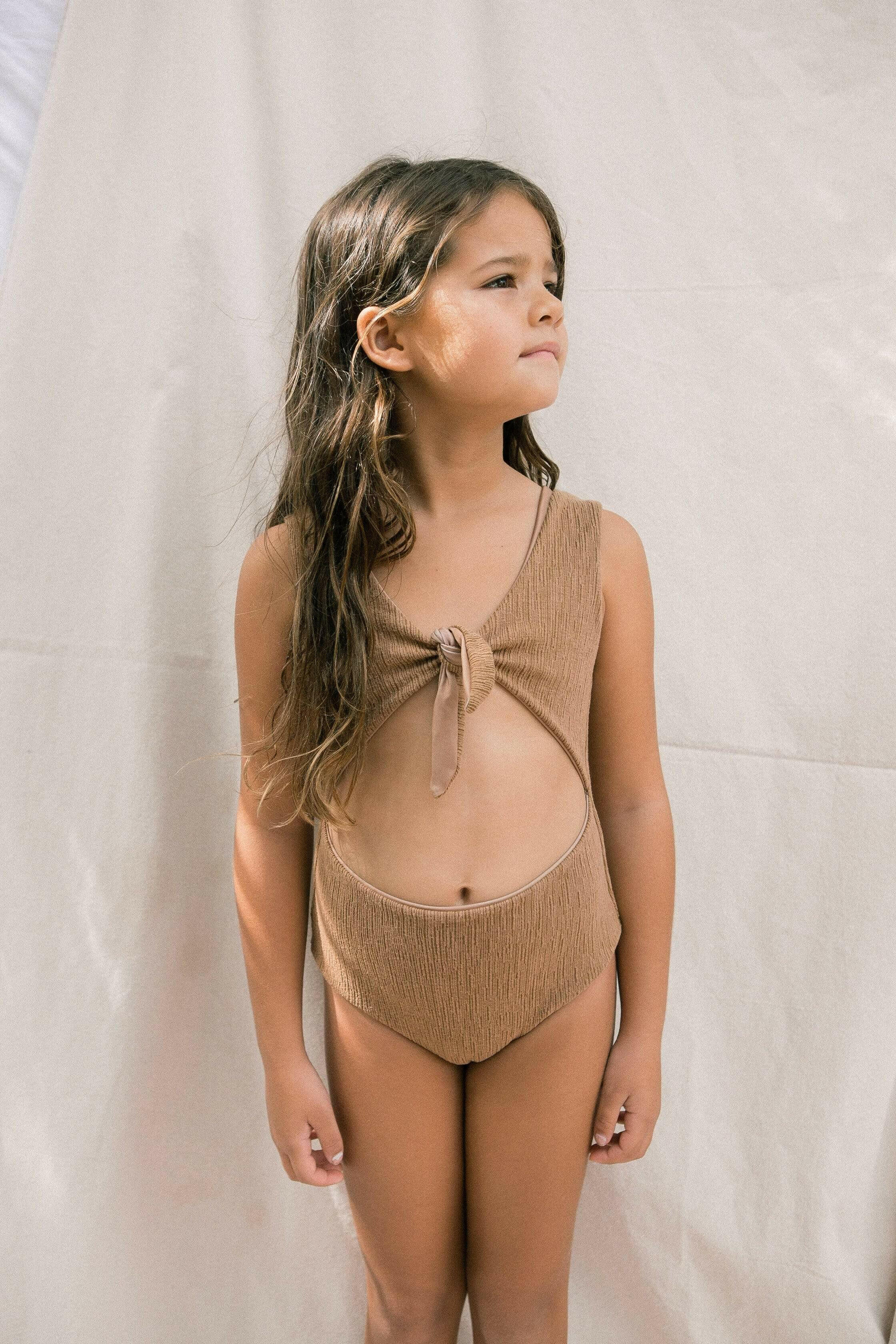 Girl's Cutout One Piece in Camel Texture Kids OF ONE SEA