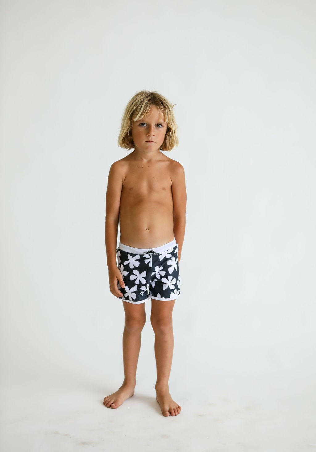 Toddler Soft Shorts for Swim in Black Plumeria Kids OF ONE SEA