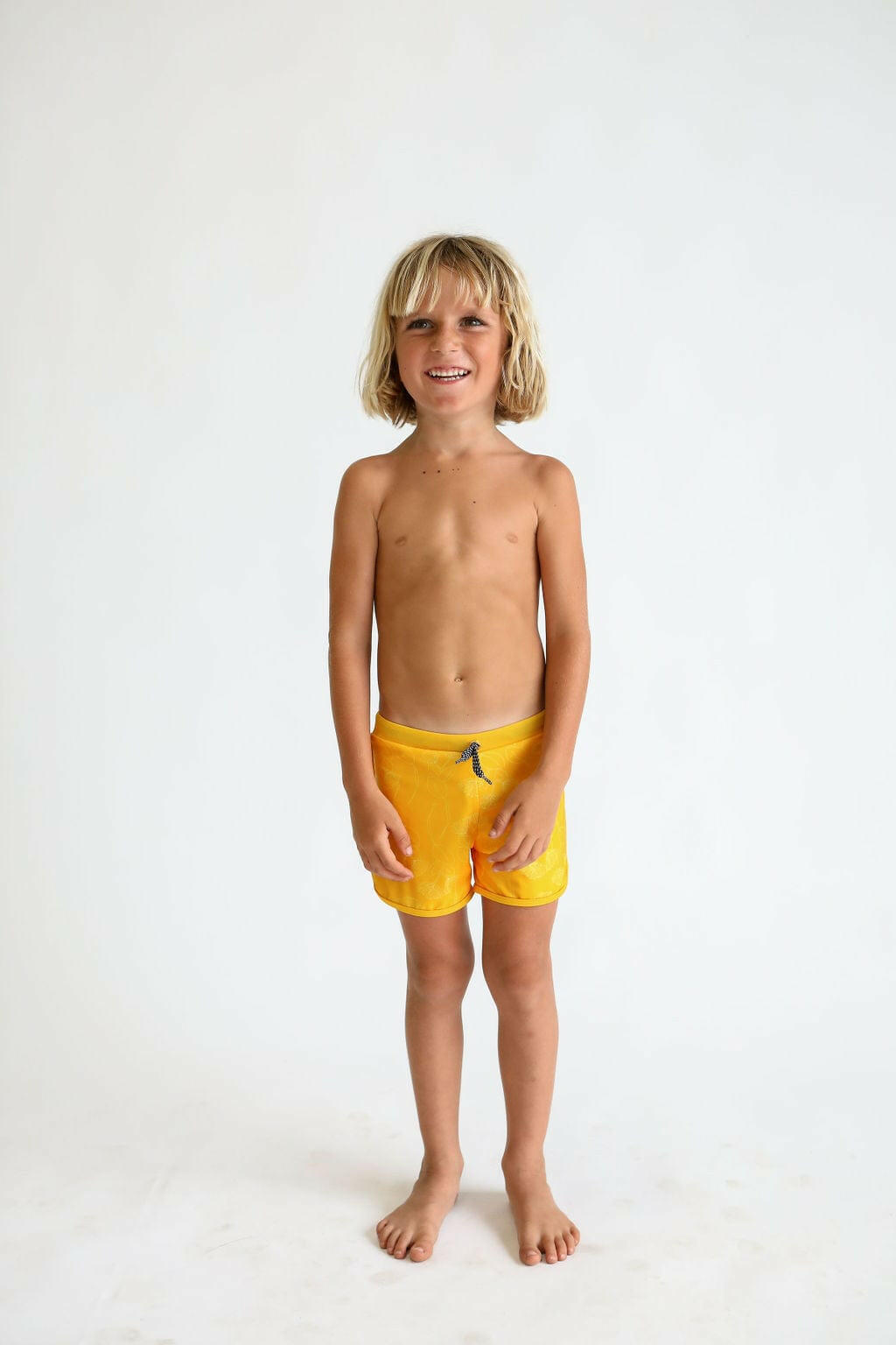 Toddler Soft Shorts for Swim in Yellow Ohia Lehua Print Kids OF ONE SEA