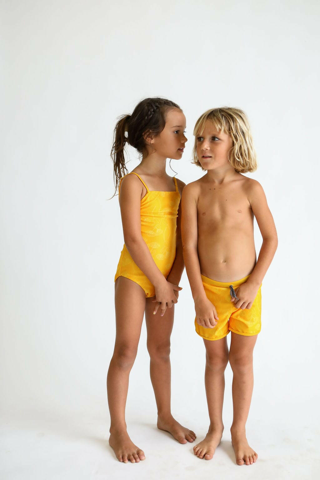 Toddler Soft Shorts for Swim in Yellow Ohia Lehua Print Kids OF ONE SEA