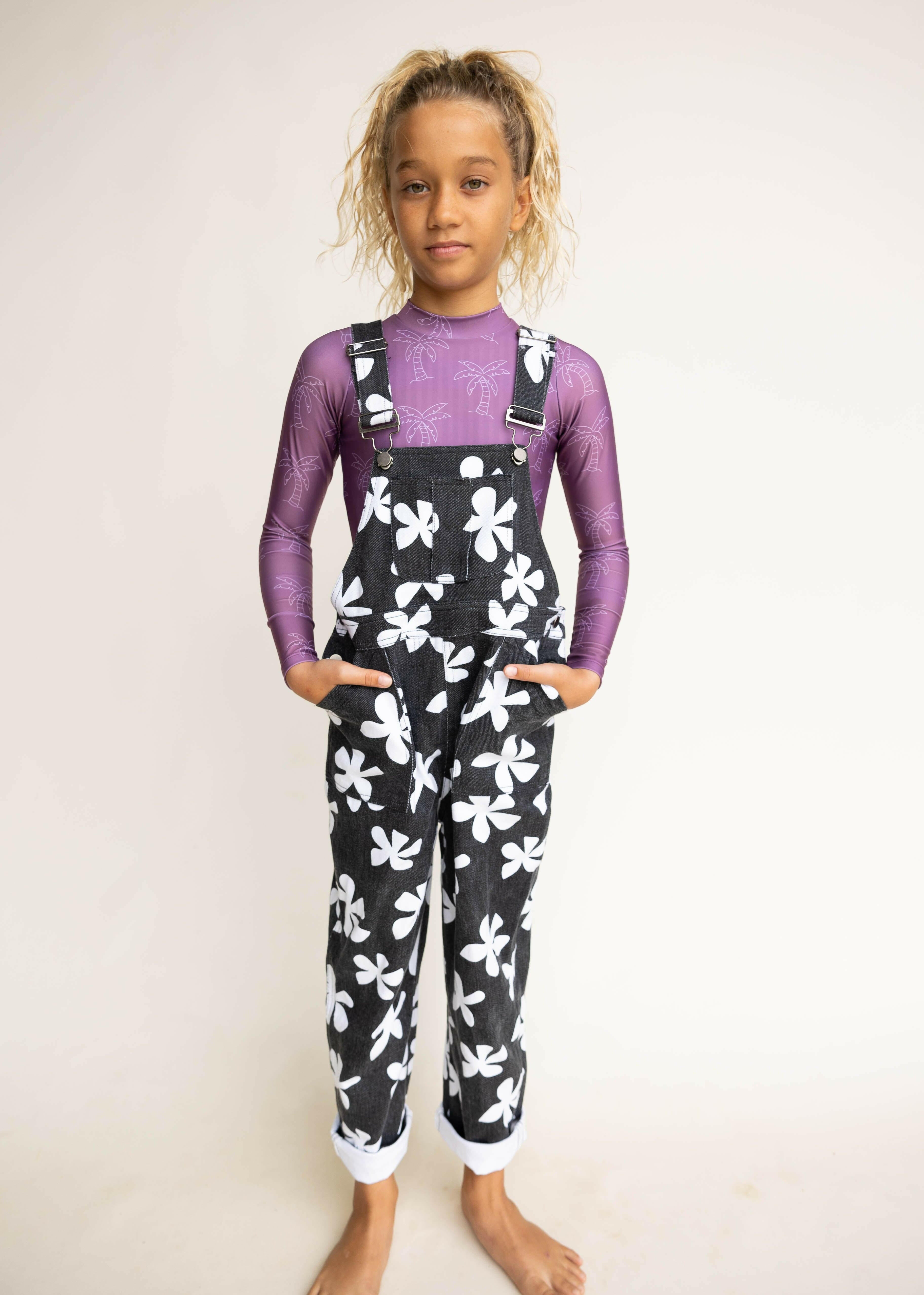 Kid's Denim Overalls in Black Plumeria Overalls OF ONE SEA 1T
