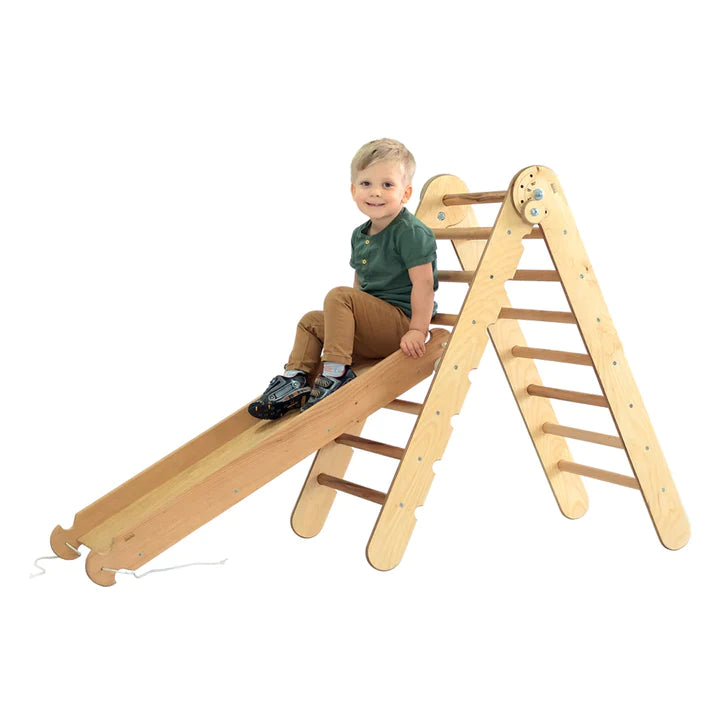2in1 Montessori Climbing Frame Set: Triangle Ladder + Slide Board/Ramp – Chocolate 2in1 Playsets Goodevas Beige