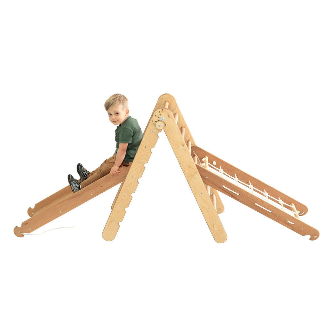 3in1 Montessori Climbing Frame Set: Triangle Ladder + Net + Slide Board/Ramp - Beige 3in1 Playsets Goodevas Default Title