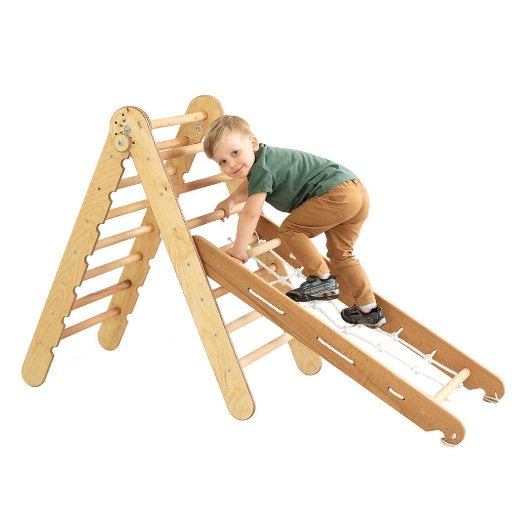 2in1 Montessori Climbing Set: Triangle Ladder + Climbing Net 2in1 Playsets Goodevas Beige