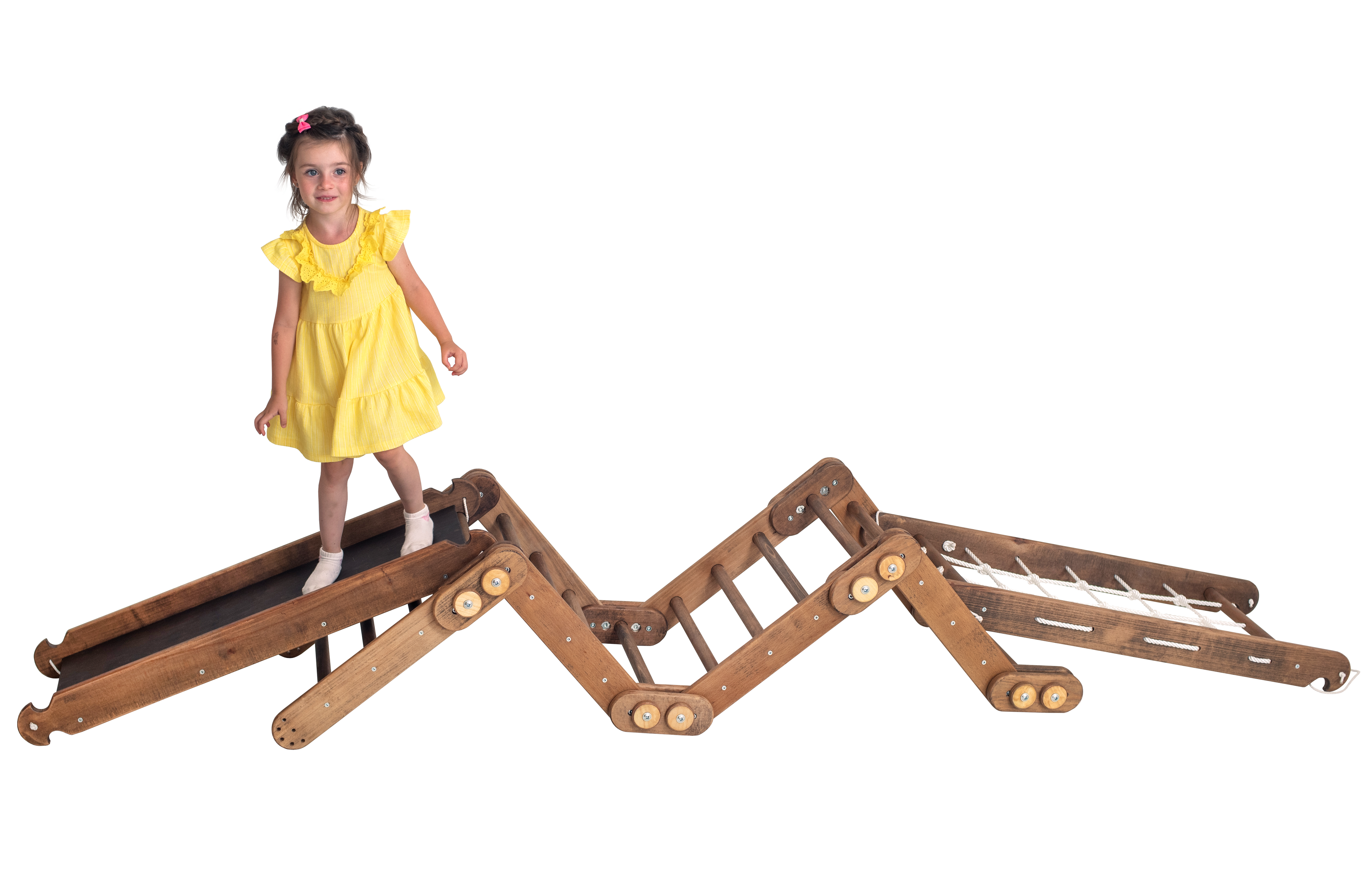 3in1 Montessori Climbing Frame Set: Snake Ladder + Slide Board/Ramp + Net – Beige 3in1 Playsets Goodevas Chocolate