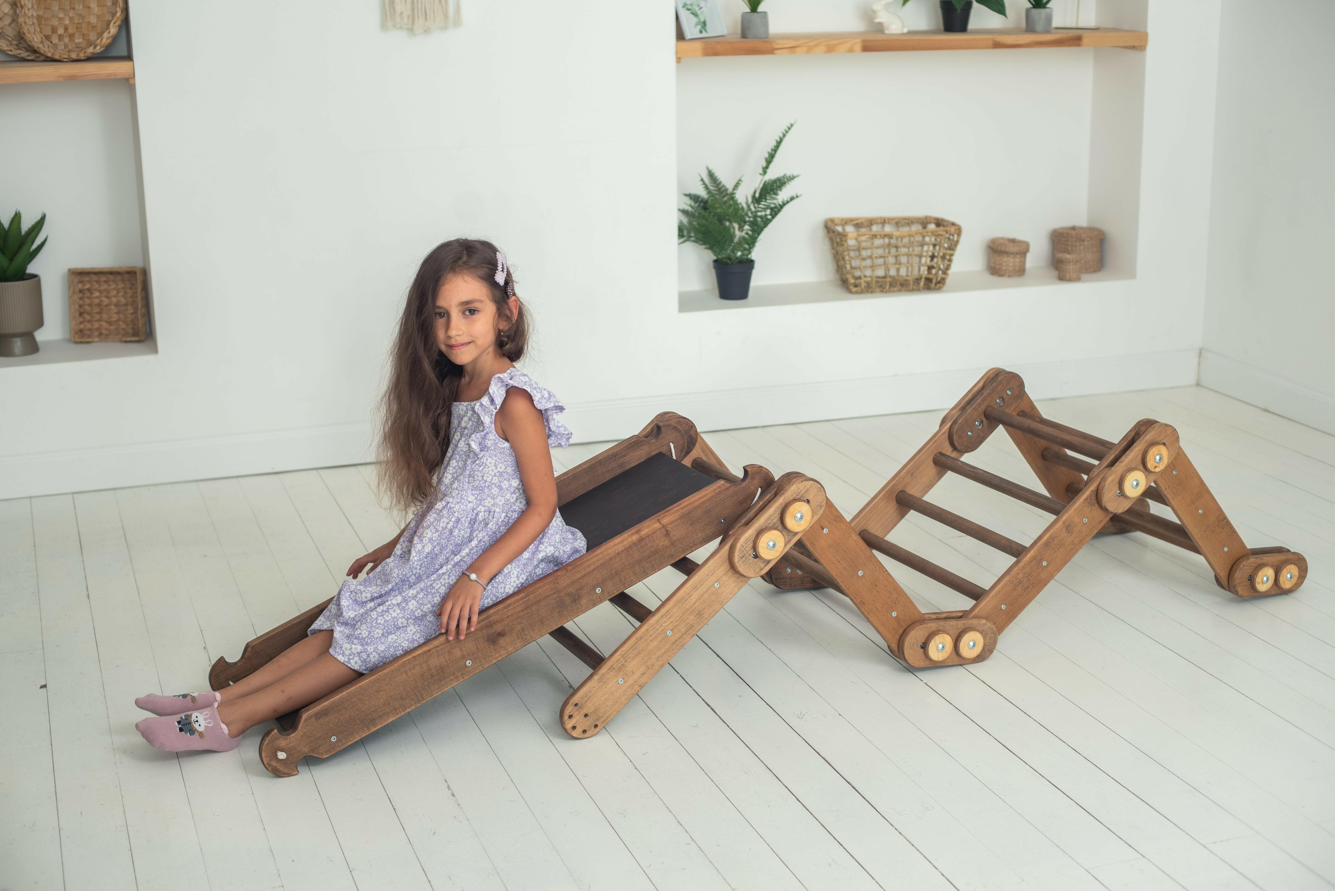 Montessori Climbing Frame Set 2in1: Snake Ladder + Slide Board/Climbing Ramp | Chocolate 2in1 Playsets Goodevas