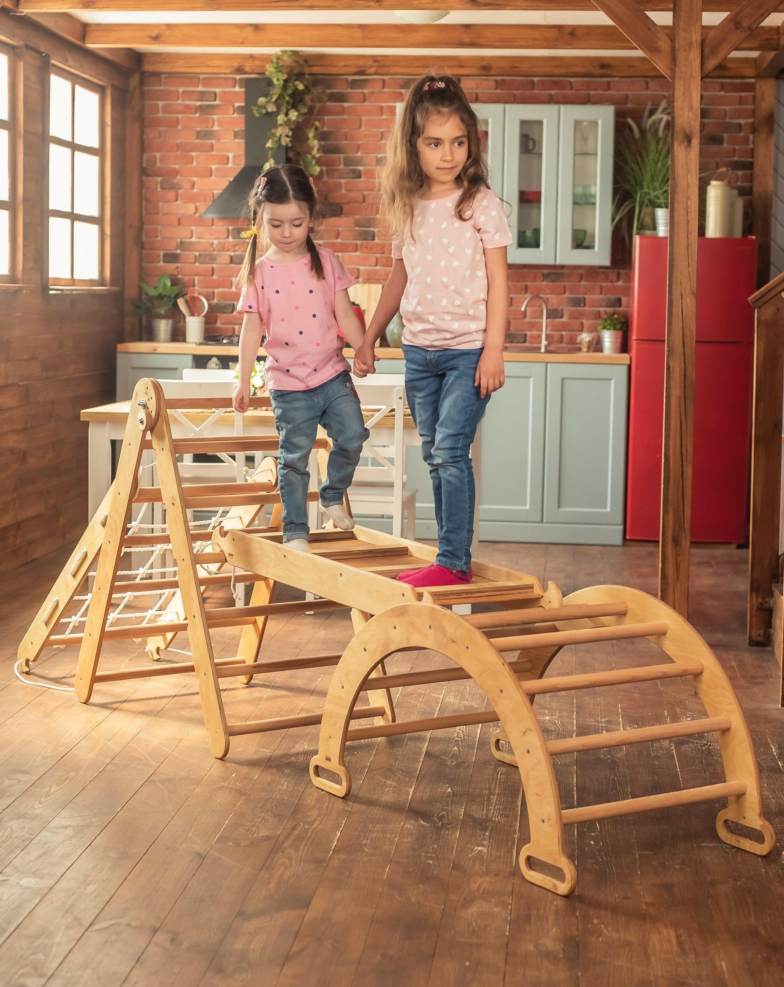 4in1 Montessori Climbing Frame Set: Triangle Ladder + Arch/Rocker + Slide Board/Ramp + Netting rope 4in1 Playsets Goodevas