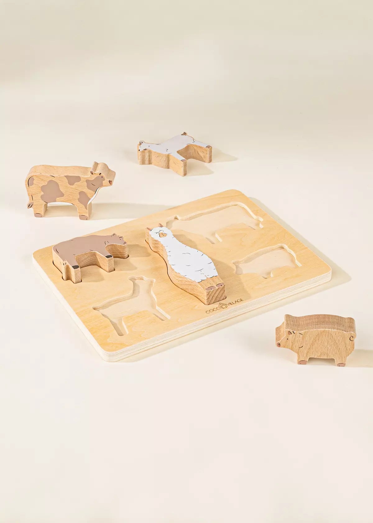 Set of 5 Barn Animals on Wooden Plate Animal Figures Coco Village