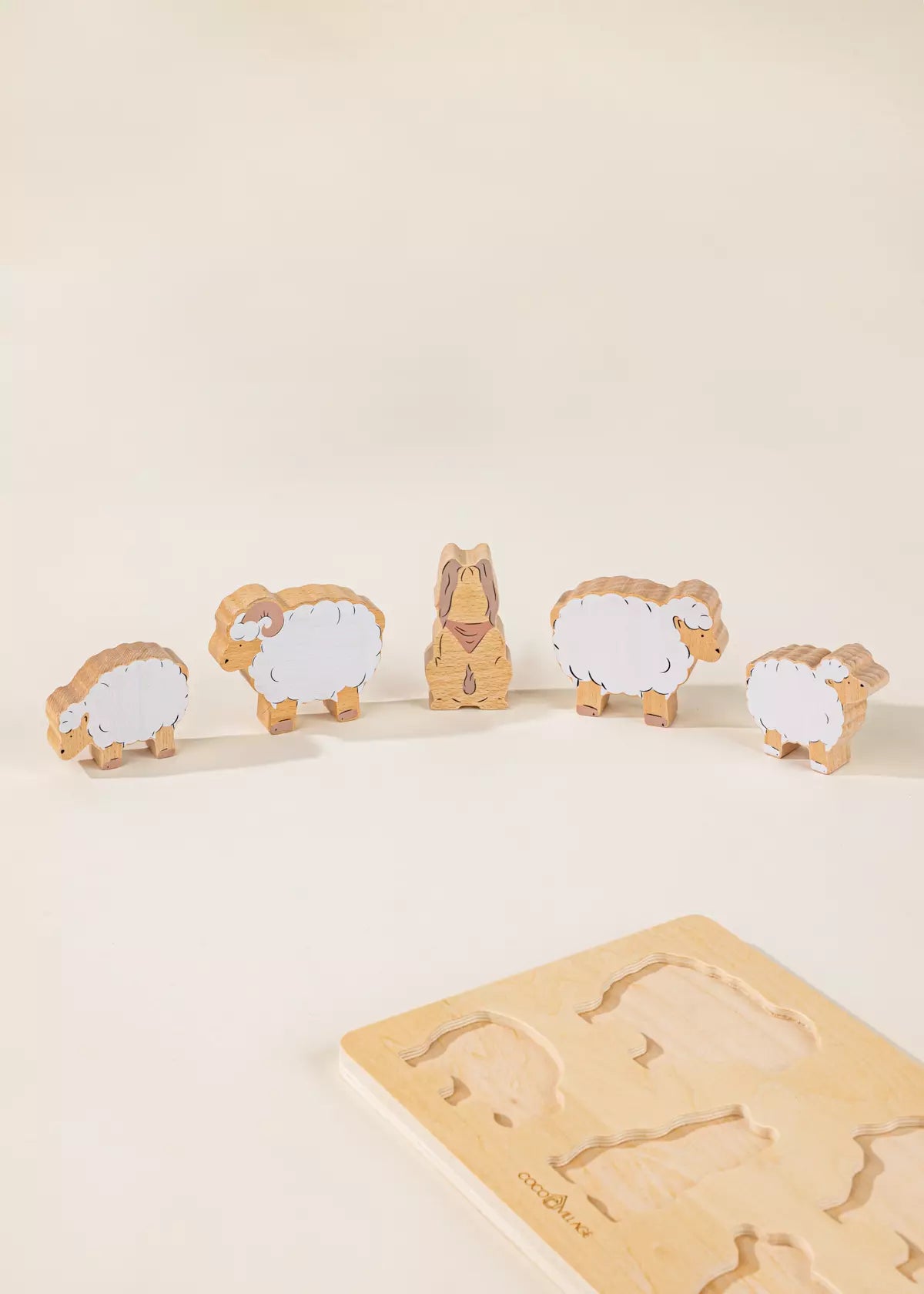 Set of 5 Shepherd Animals on Wooden Plate Animal Figures Coco Village