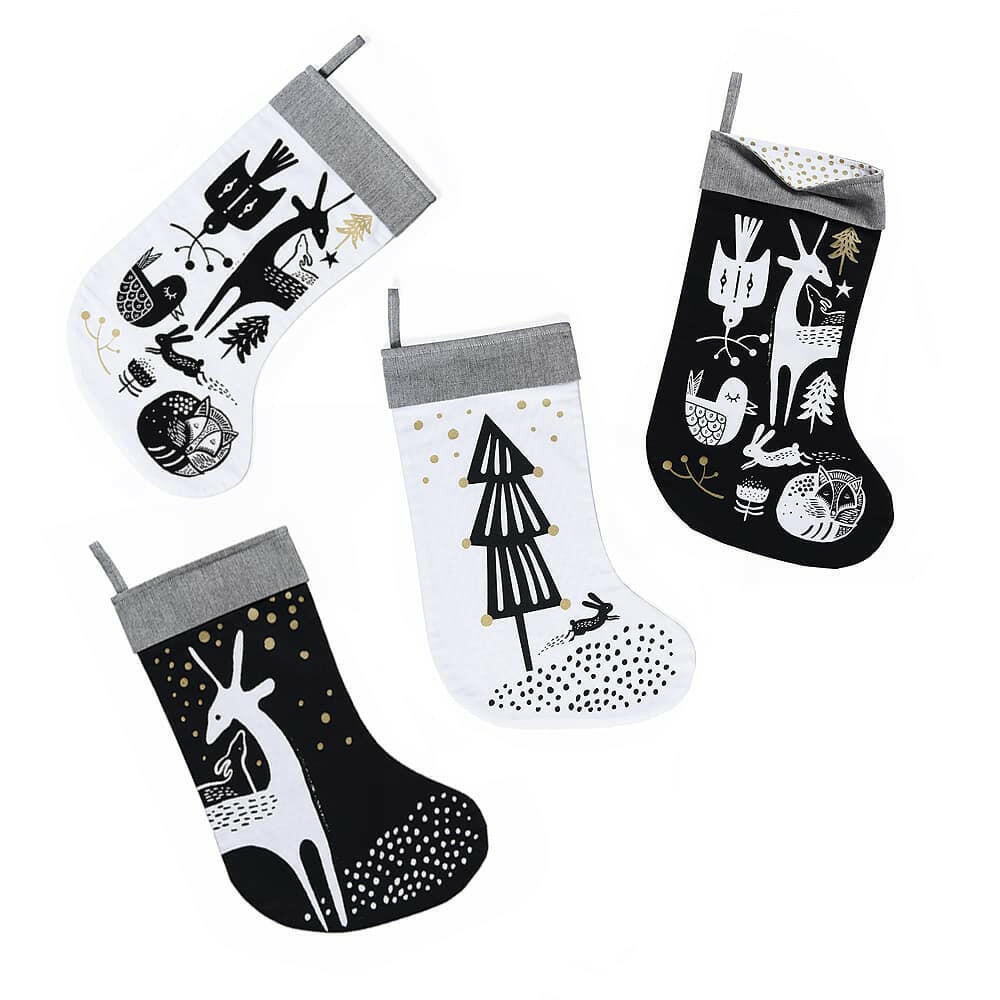 Winter Animals Stocking - White on Black Christmas Wee Gallery