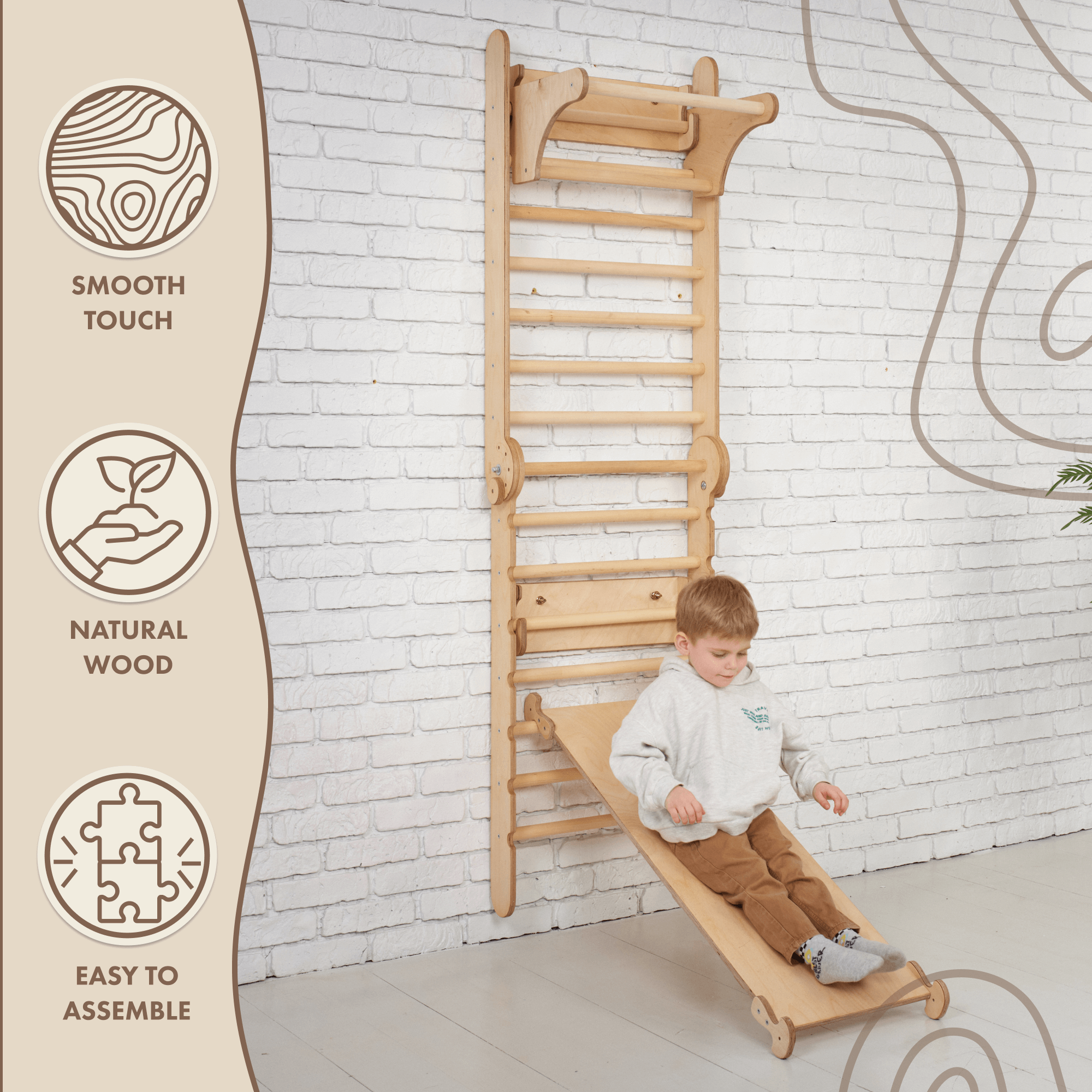 3in1: Wooden Swedish Wall / Climbing ladder for Children + Swing Set + Slide Board Swesdish wall Goodevas