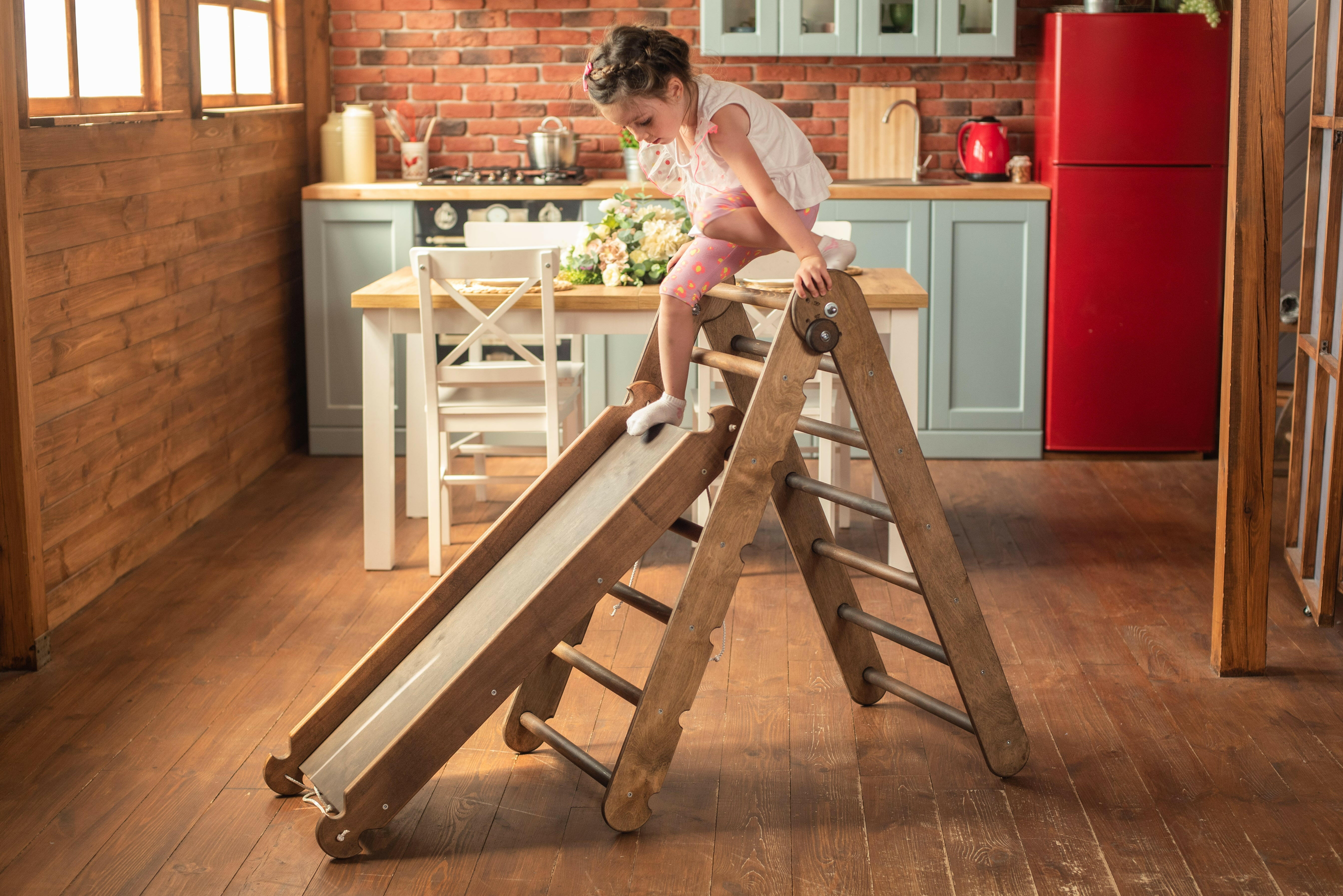 2in1 Montessori Climbing Frame Set: Triangle Ladder + Slide Board/Ramp – Chocolate 2in1 Playsets Goodevas