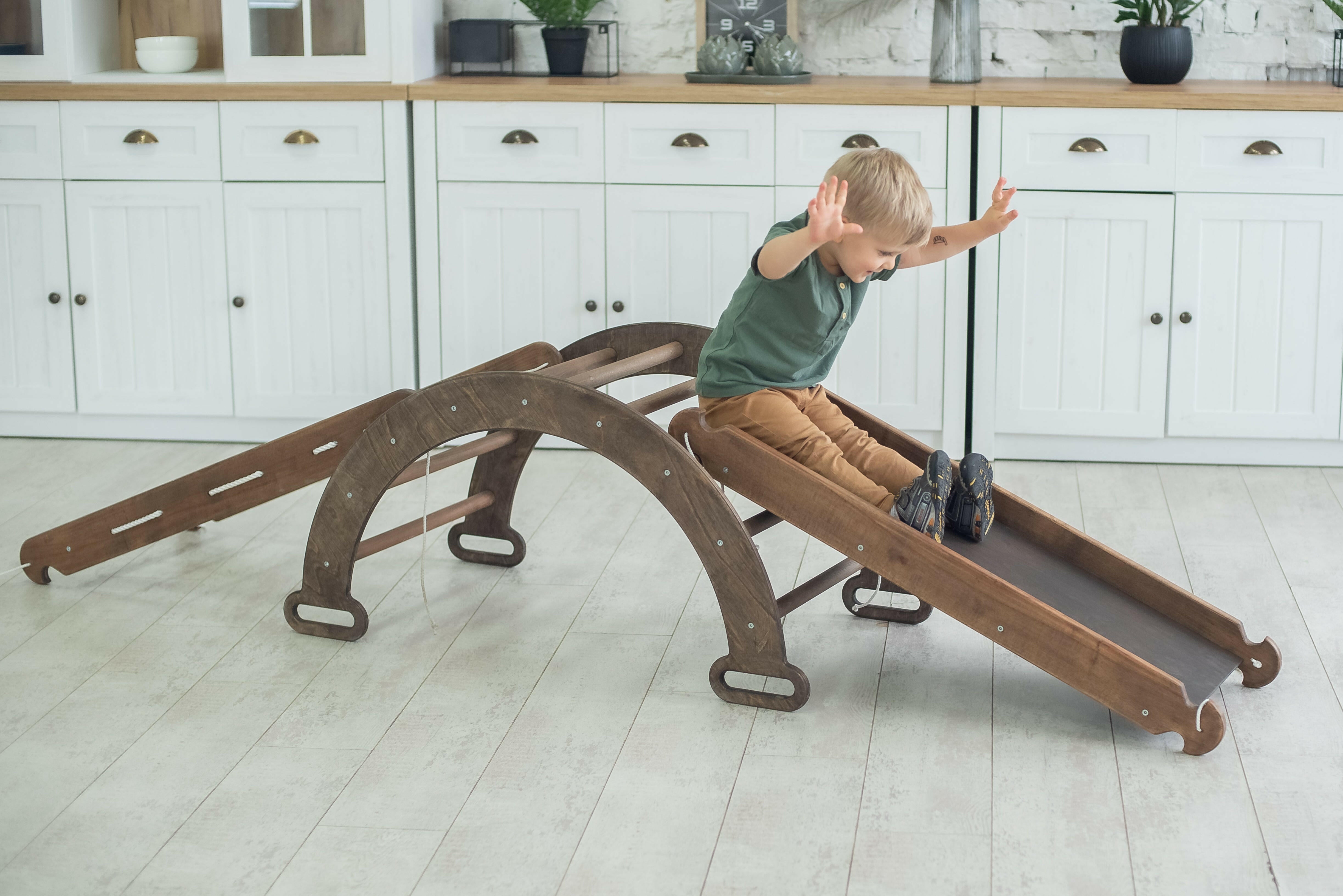 3in1 Montessori Climbing Frame Set: Wooden Arch + Slide Board + Climbing Net - Chocolate 3in1 Playsets Goodevas