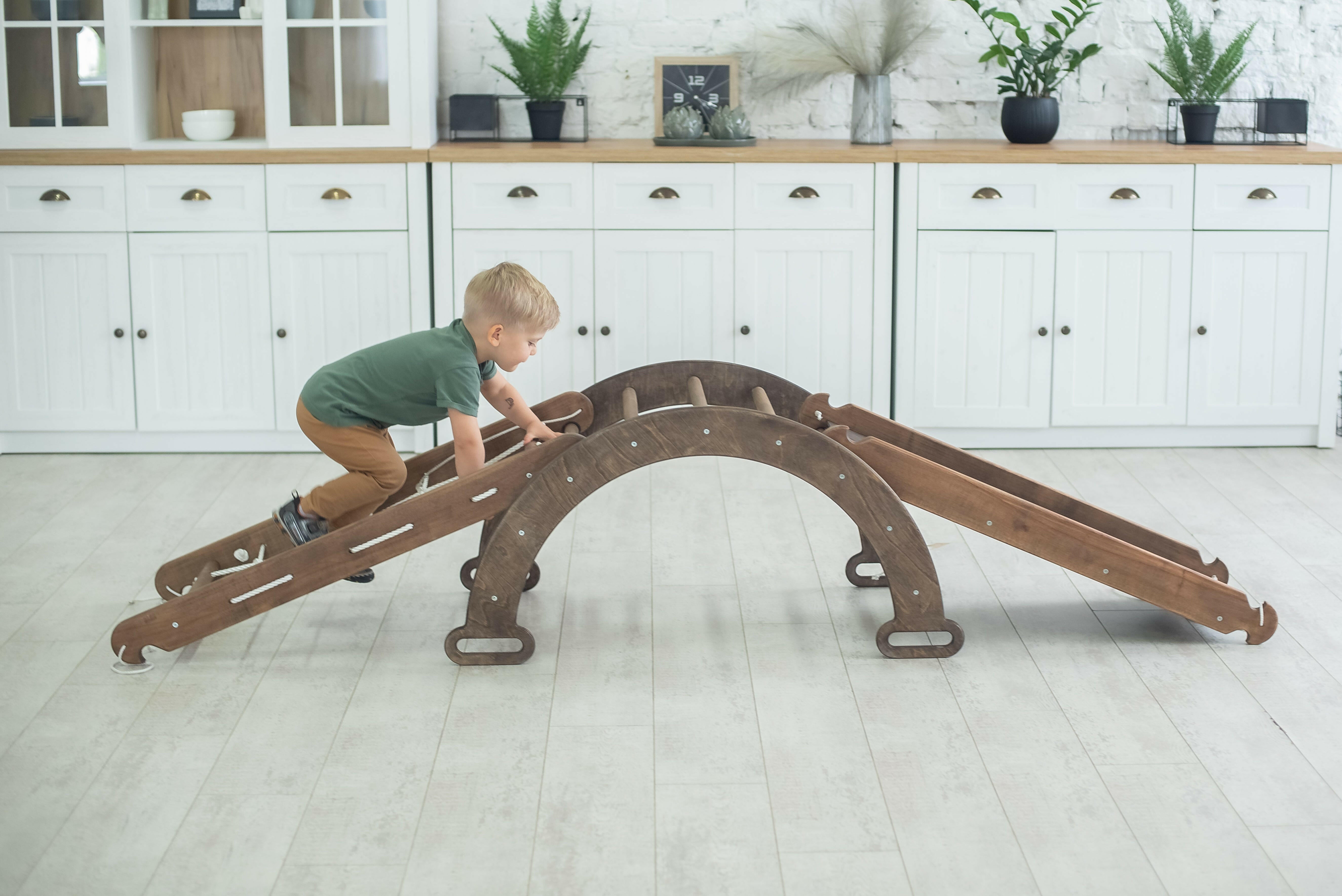 3in1 Montessori Climbing Frame Set: Wooden Arch + Slide Board + Climbing Net - Chocolate 3in1 Playsets Goodevas