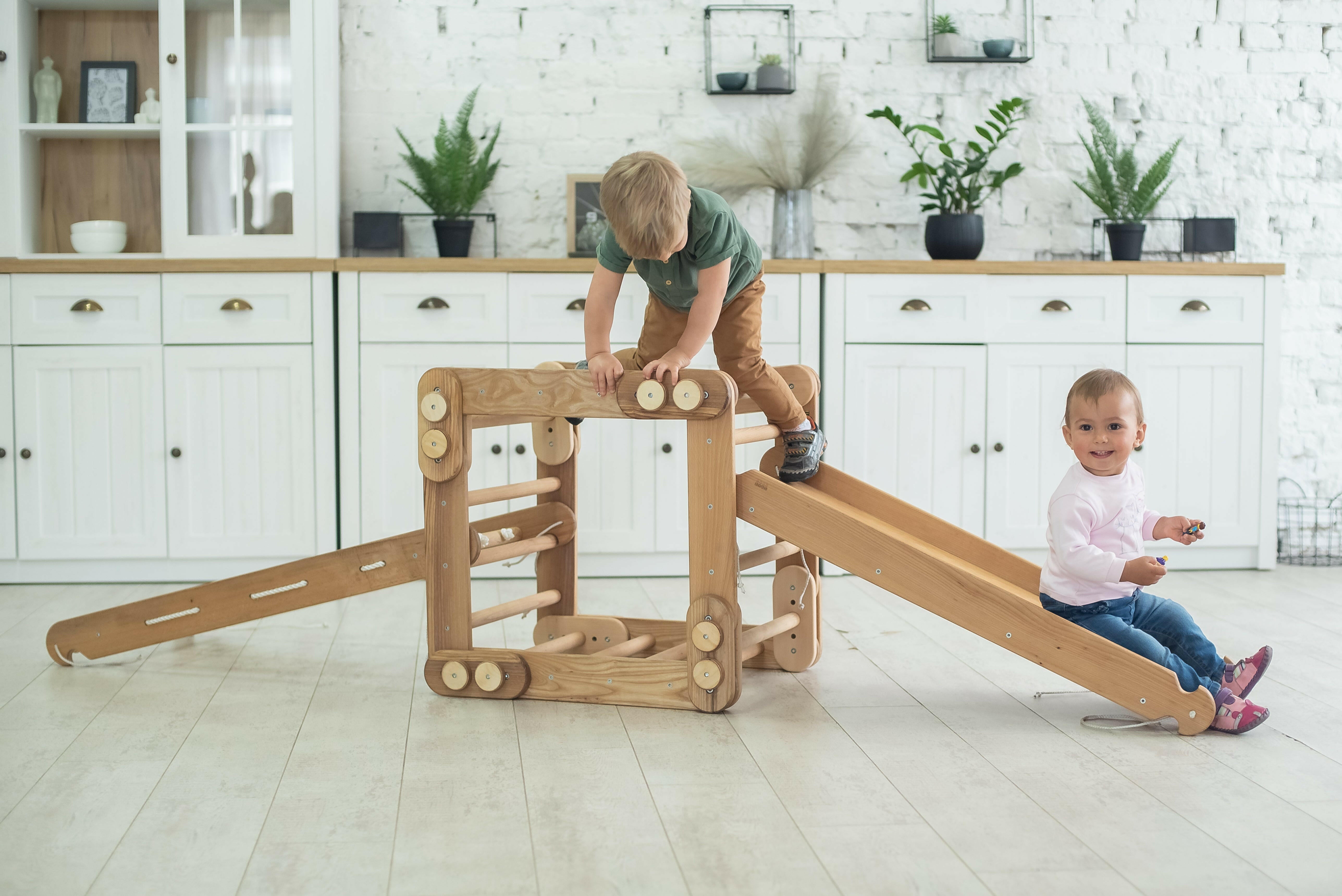 3in1 Montessori Climbing Frame Set: Snake Ladder + Slide Board/Ramp + Net – Beige 3in1 Playsets Goodevas