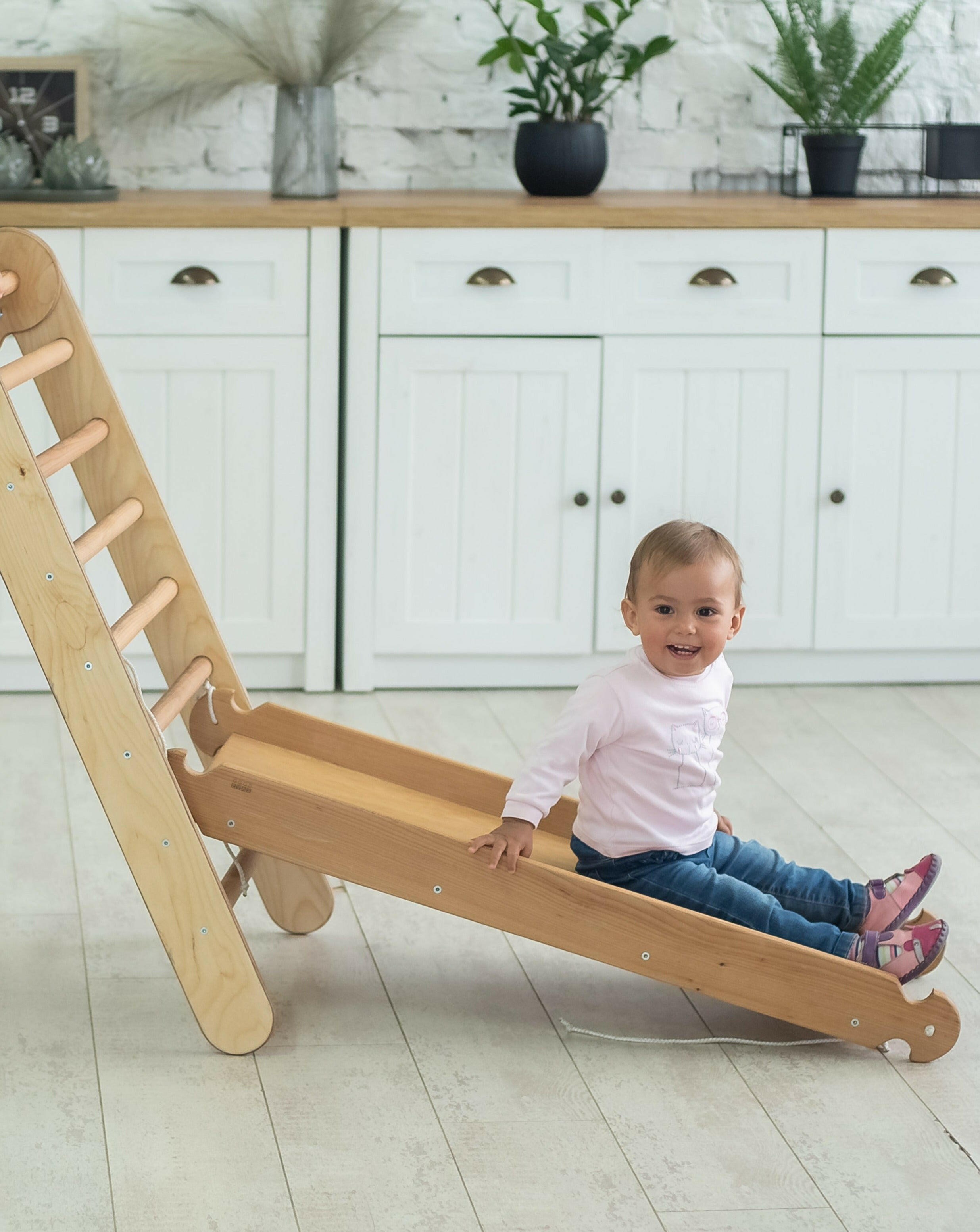2in1 Montessori Climbing Set: Triangle Ladder + Slide Board/Ramp – Beige 2in1 Playsets Goodevas