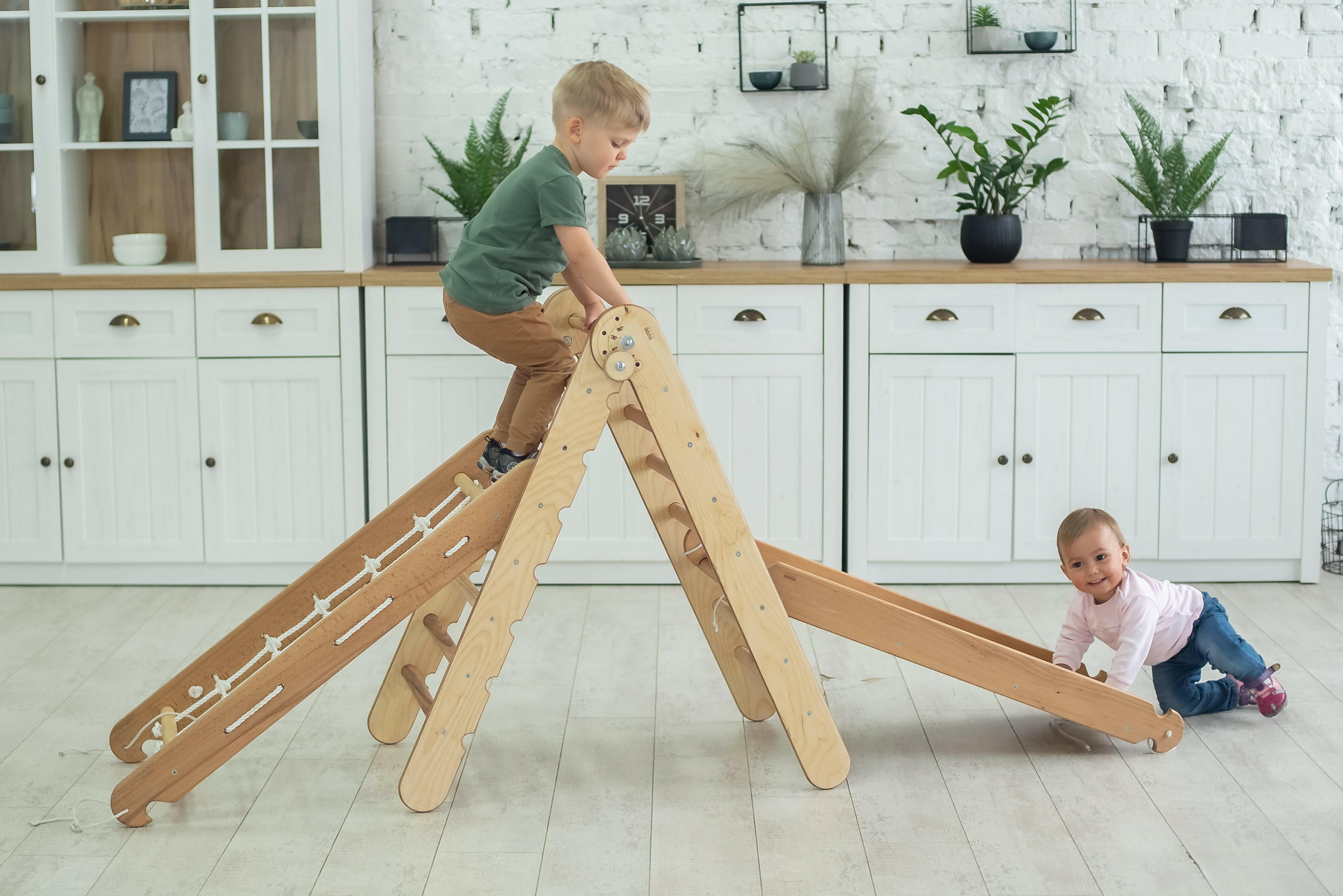 3in1 Montessori Climbing Frame Set: Triangle Ladder + Net + Slide Board/Ramp - Beige 3in1 Playsets Goodevas