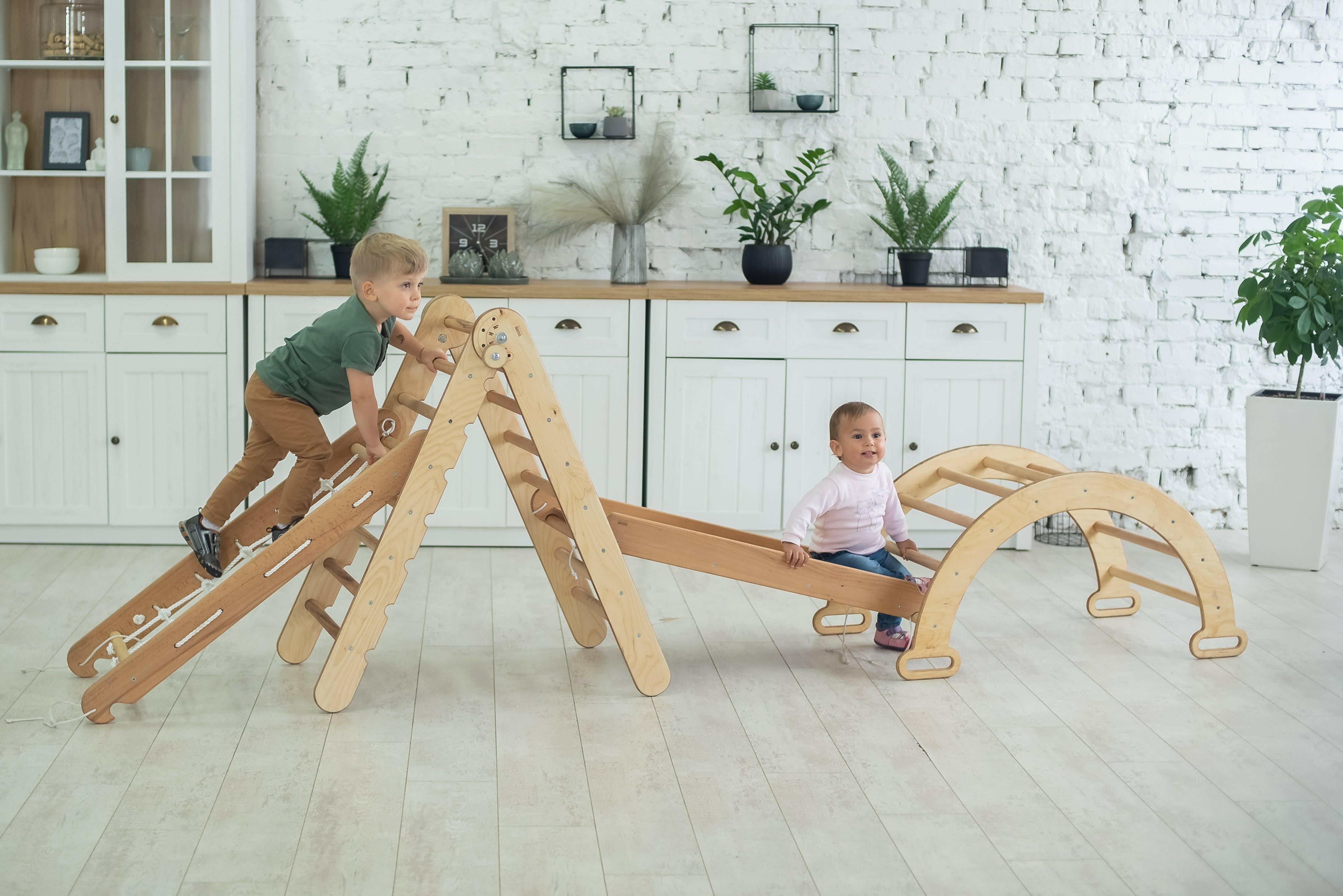 4in1 Montessori Climbing Set: Triangle Ladder + Arch/Rocker + Slide Board/Ramp + Climbing Net – Beige 4in1 Playsets Goodevas