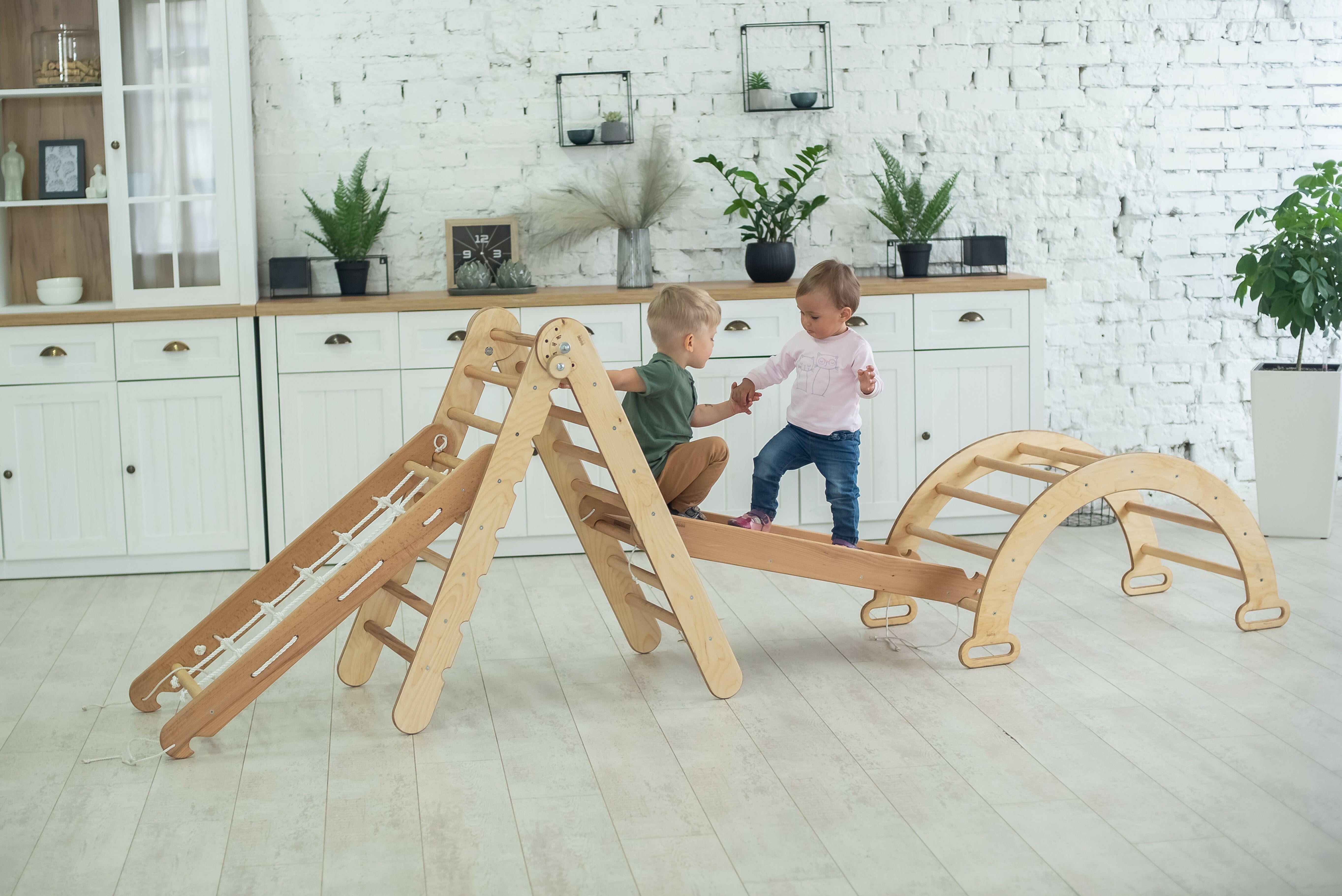 4in1 Montessori Climbing Set: Triangle Ladder + Arch/Rocker + Slide Board/Ramp + Climbing Net – Beige 4in1 Playsets Goodevas
