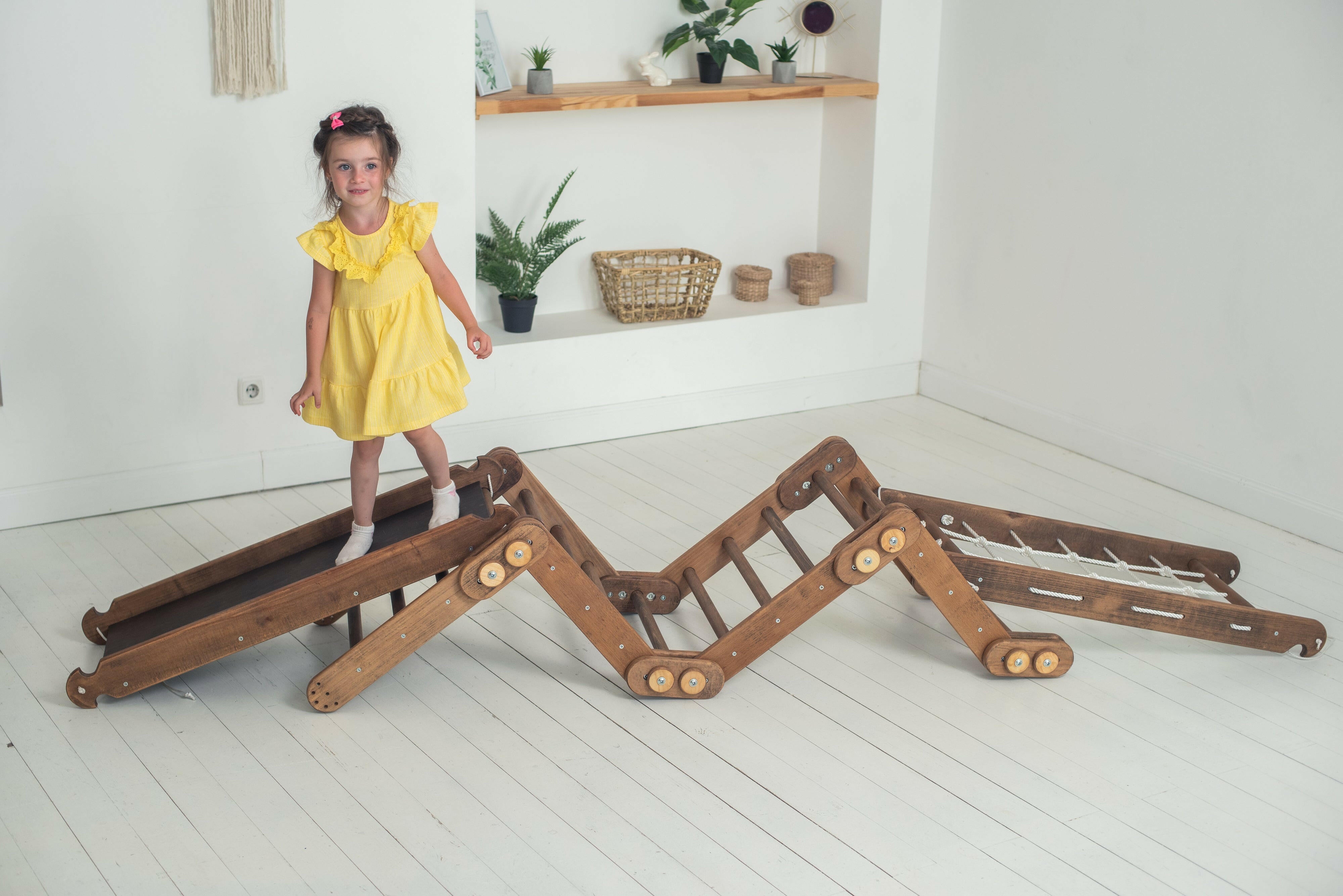 3in1 Montessori Climbing Set: Snake Ladder + Slide Board/Ramp + Net – Chocolate 3in1 Playsets Goodevas
