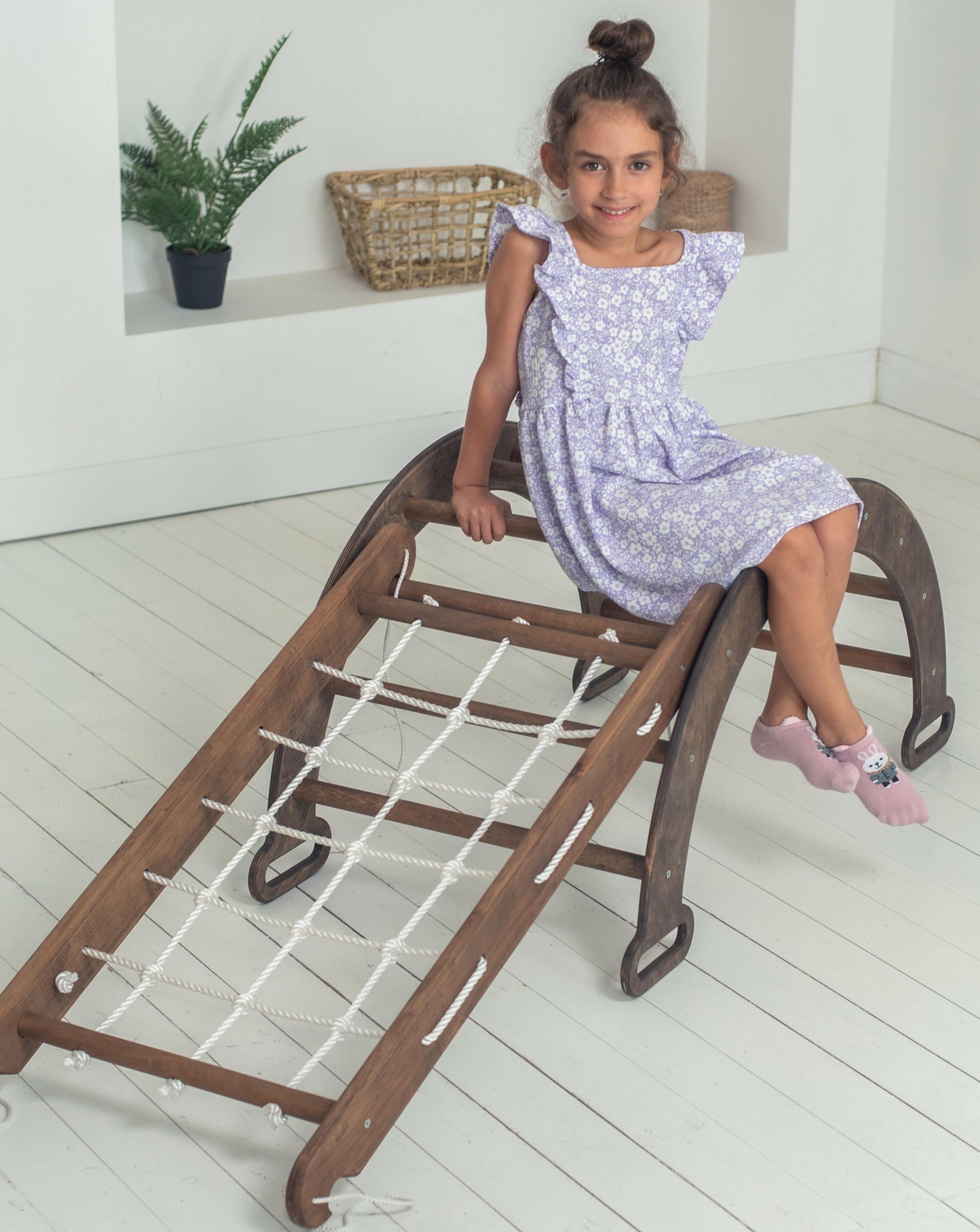 3in1 Montessori Set - Triangle Ladder + Wooden Arch + Climbing Net - Chocolate Color 3in1 Playsets Goodevas