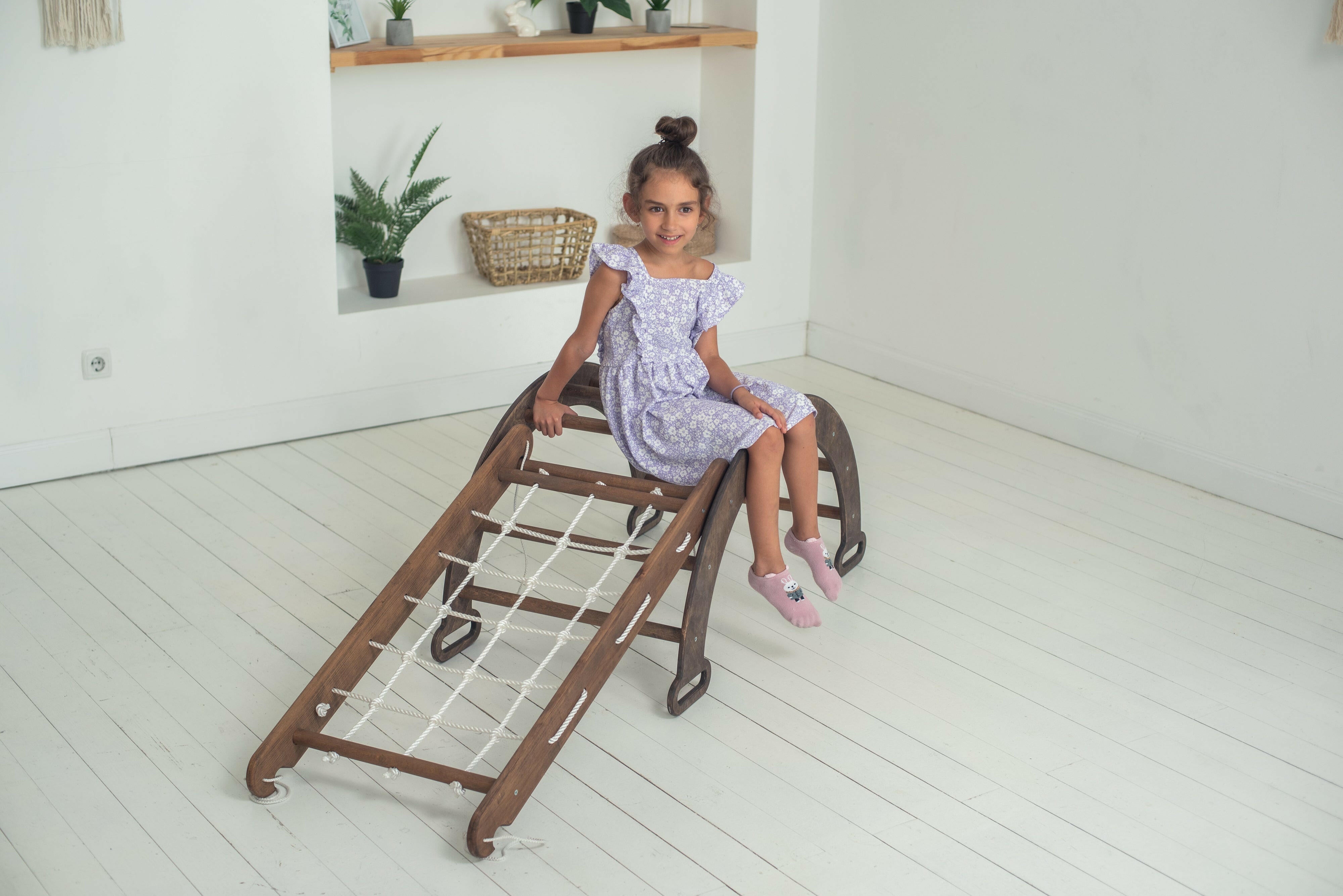 2in1 Montessori Climbing Frame Set: Arch/Rocker Balance + Net – Chocolate 2in1 Playsets Goodevas