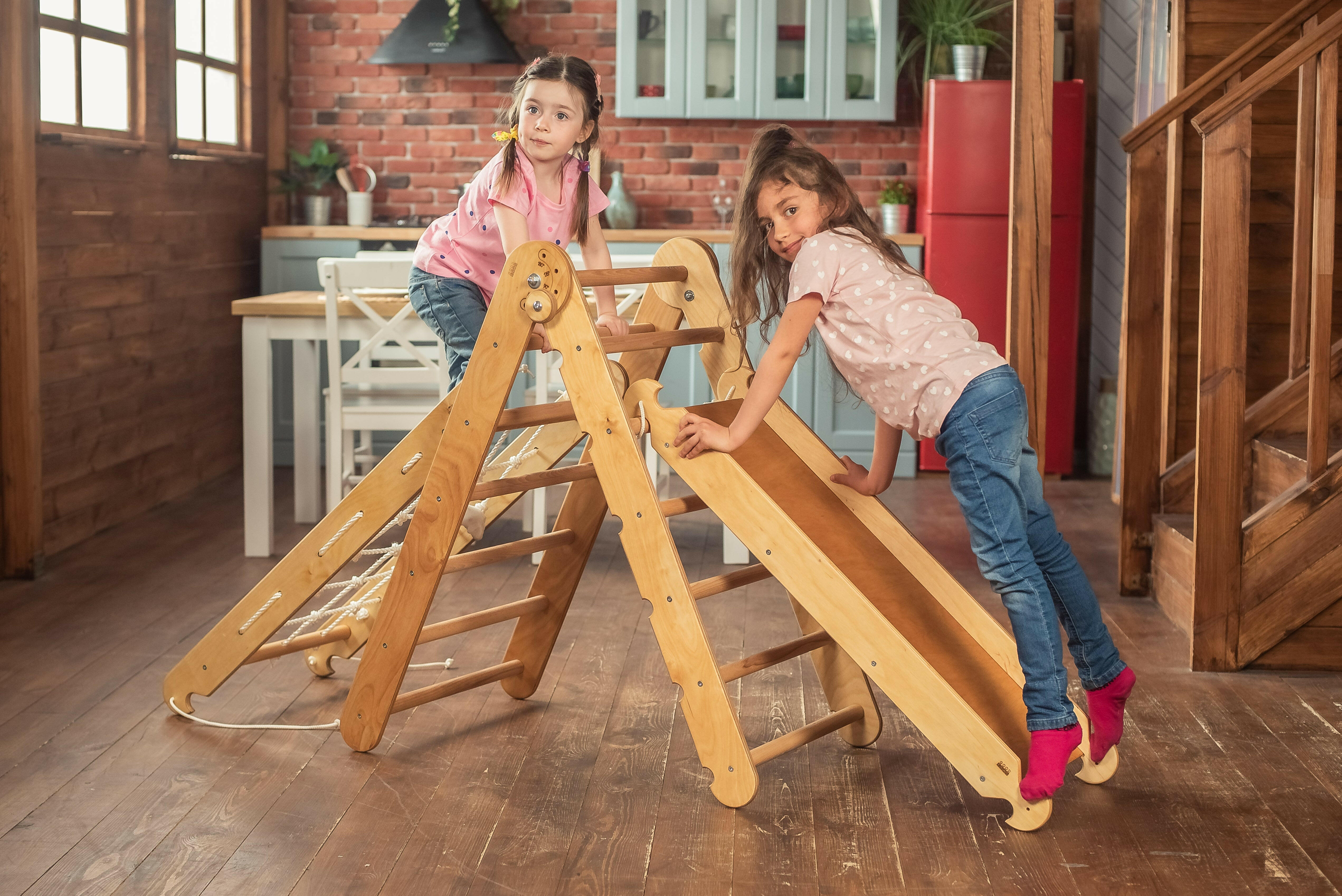 3in1 Montessori Climbing Frame Set: Triangle Ladder + Net + Slide Board/Ramp - Beige 3in1 Playsets Goodevas