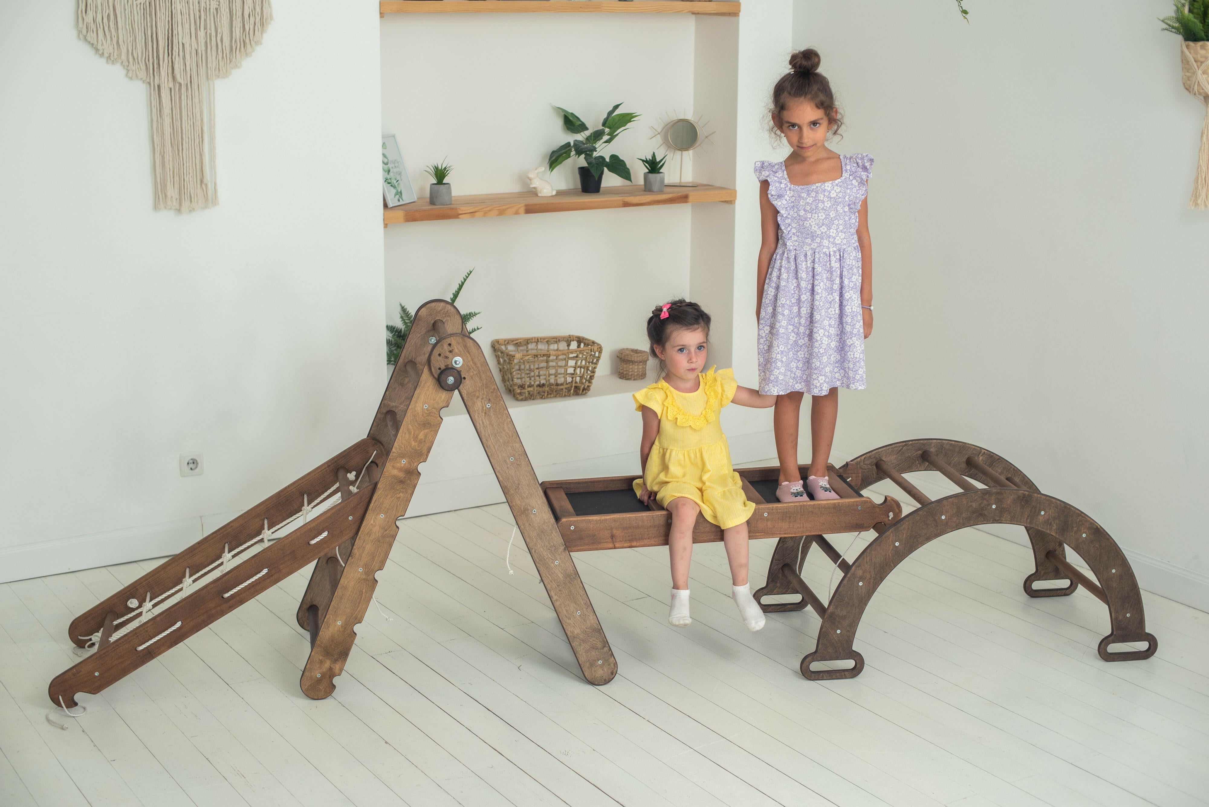 4in1 Montessori Climbing Set: Triangle Ladder + Arch/Rocker + Slide Board/Ramp + Net – Chocolate 4in1 Playsets Goodevas
