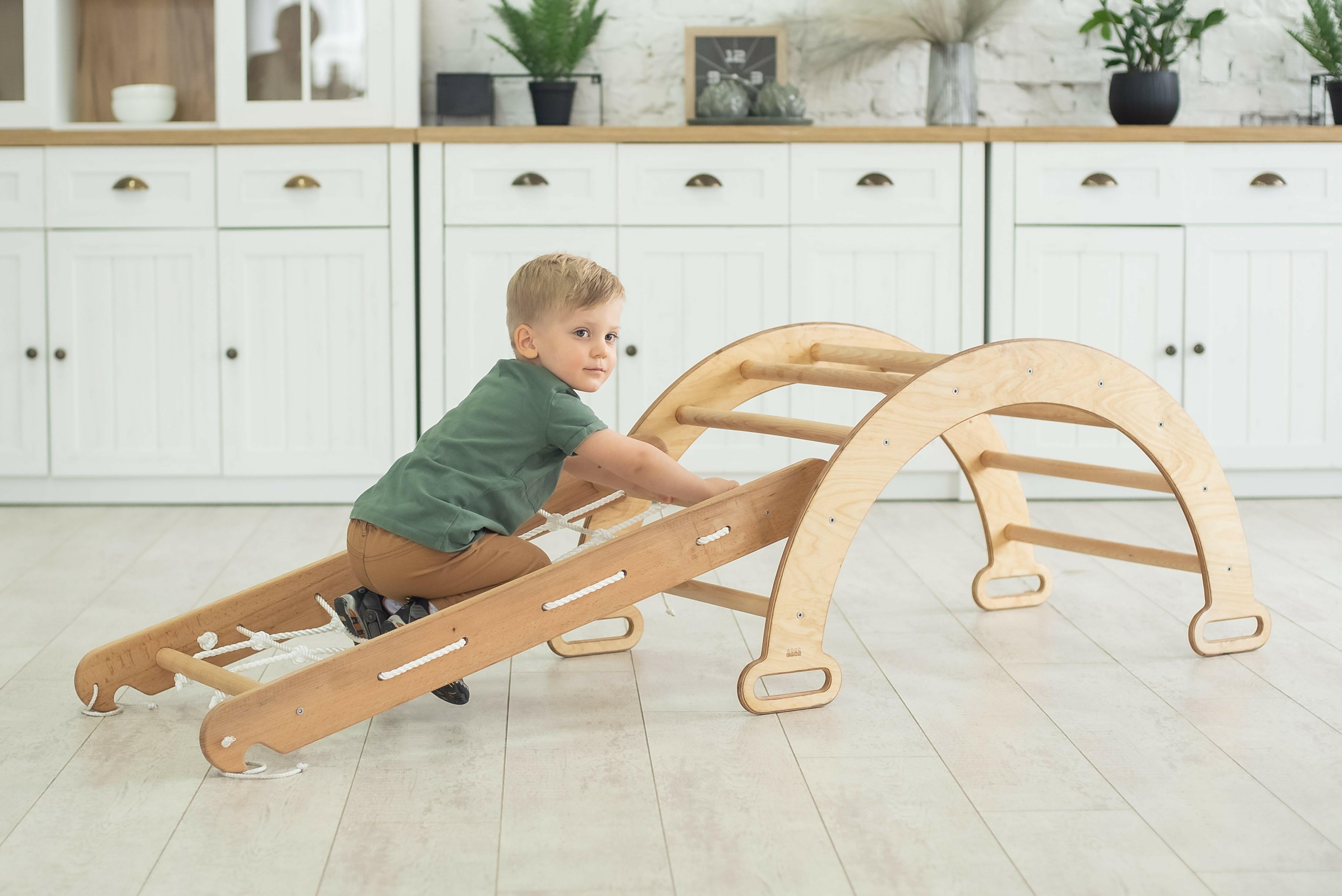 2in1 Montessori Climbing Set: Climbing Arch/Rocker Balance + Climbing Net – Beige 2in1 Playsets Goodevas