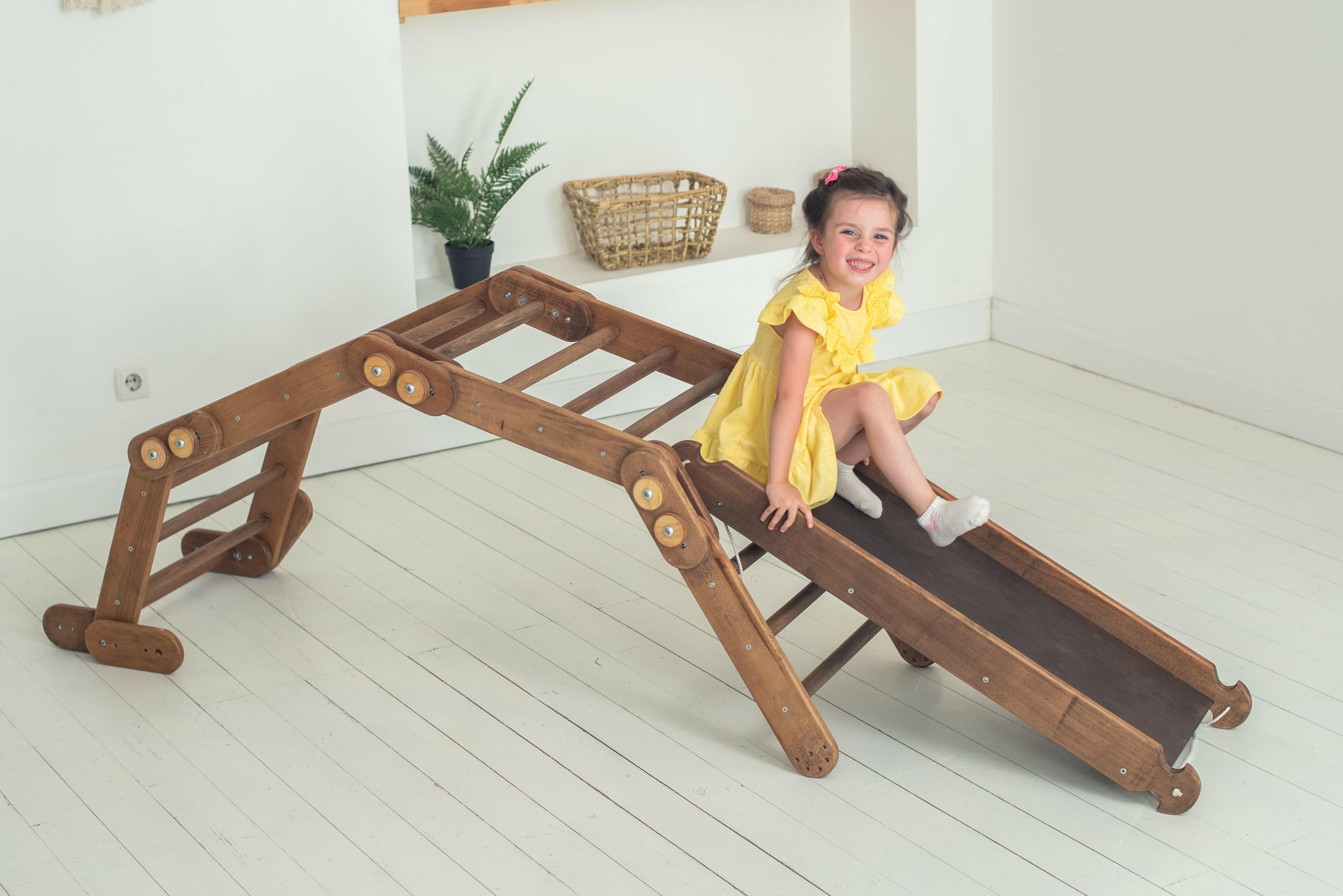 Montessori Climbing Frame Set 2in1: Snake Ladder + Slide Board/Climbing Ramp | Chocolate 2in1 Playsets Goodevas