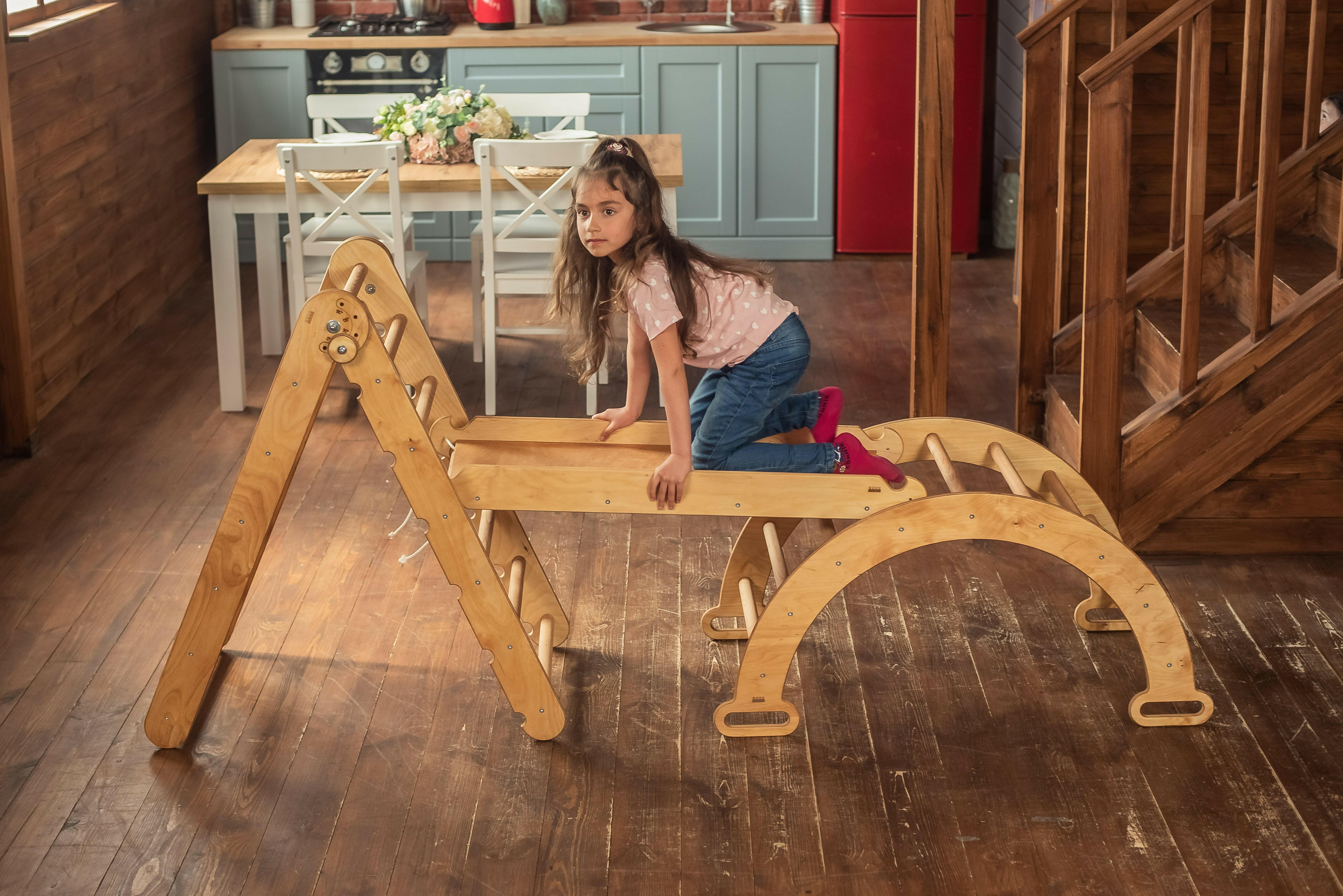 3in1 Montessori Climbing Set: Triangle Ladder + Wooden Arch + Slide Board – Beige 3in1 Playsets Goodevas
