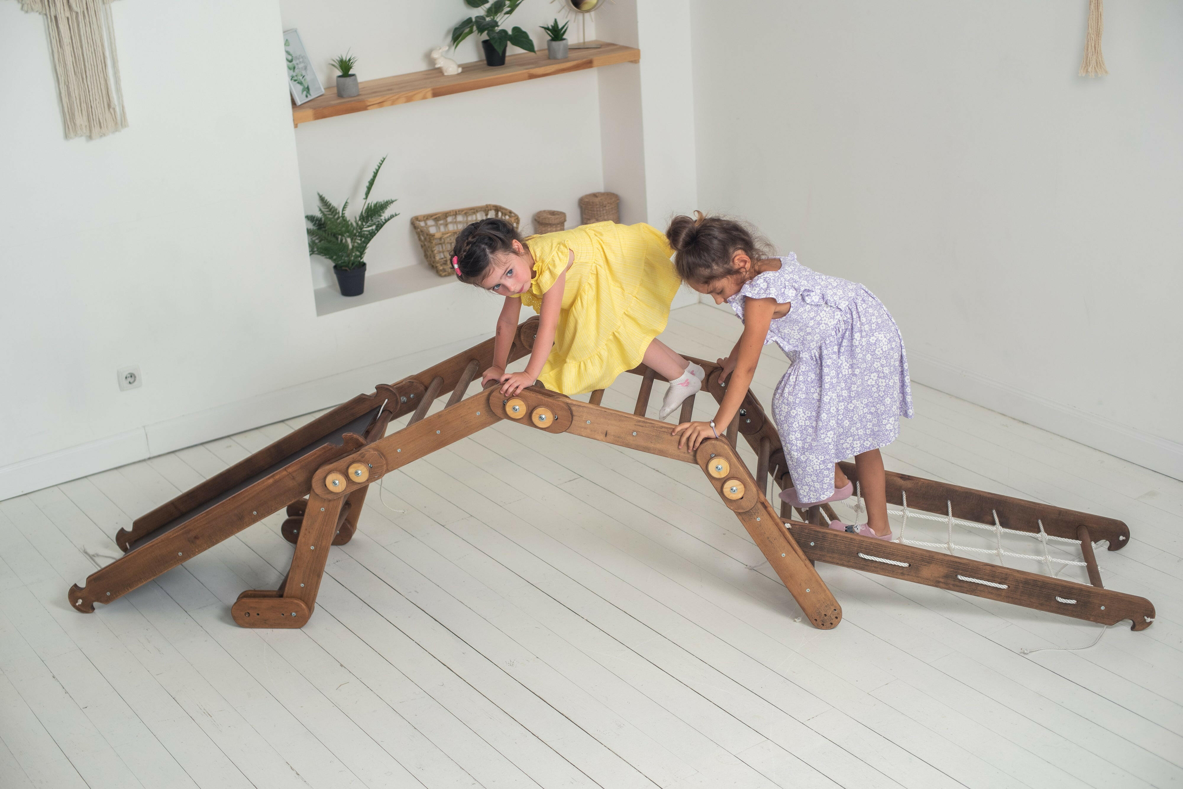 3in1 Montessori Climbing Set: Snake Ladder + Slide Board/Ramp + Net – Chocolate 3in1 Playsets Goodevas
