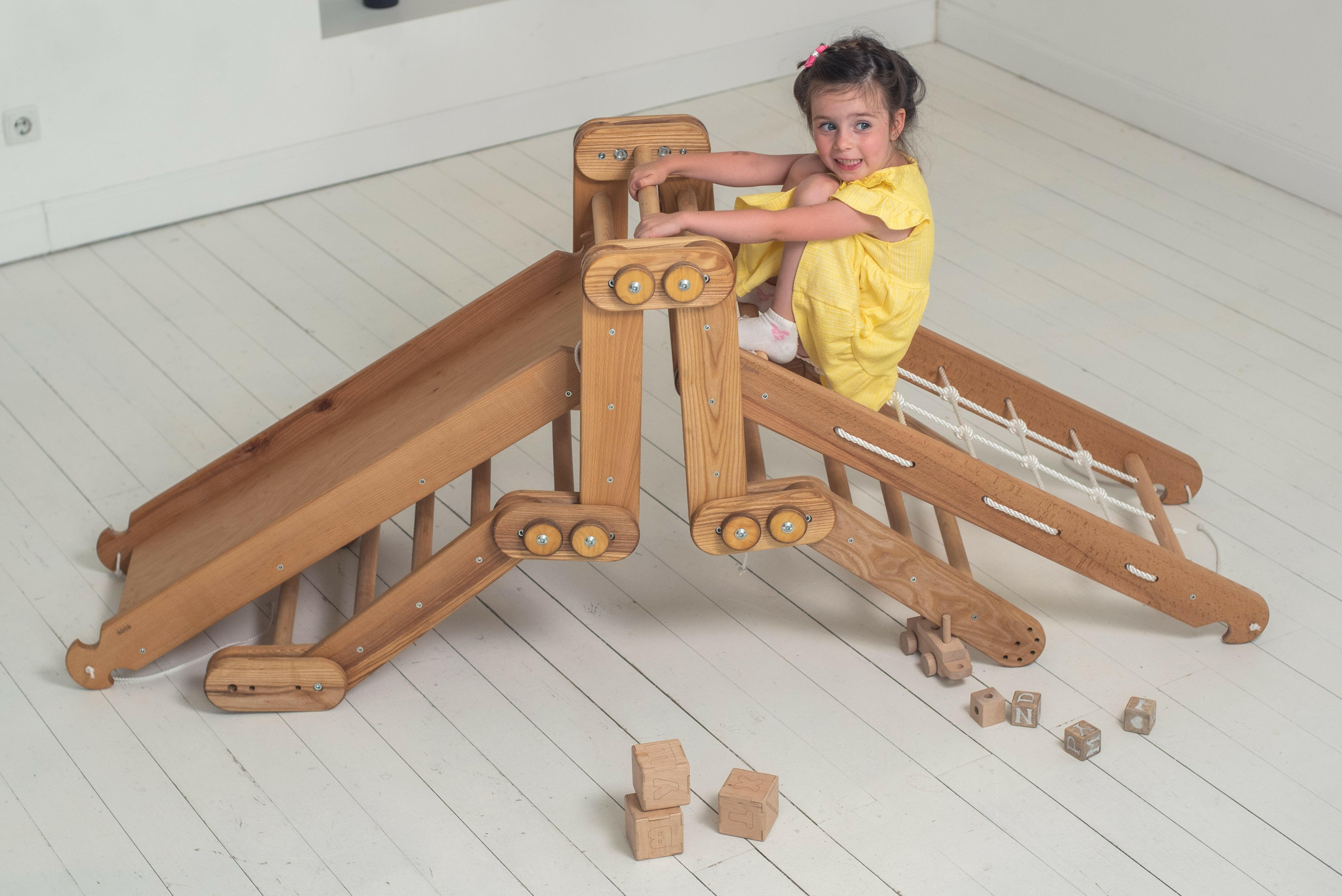 3in1 Montessori Climbing Frame Set: Snake Ladder + Slide Board/Ramp + Net – Beige 3in1 Playsets Goodevas
