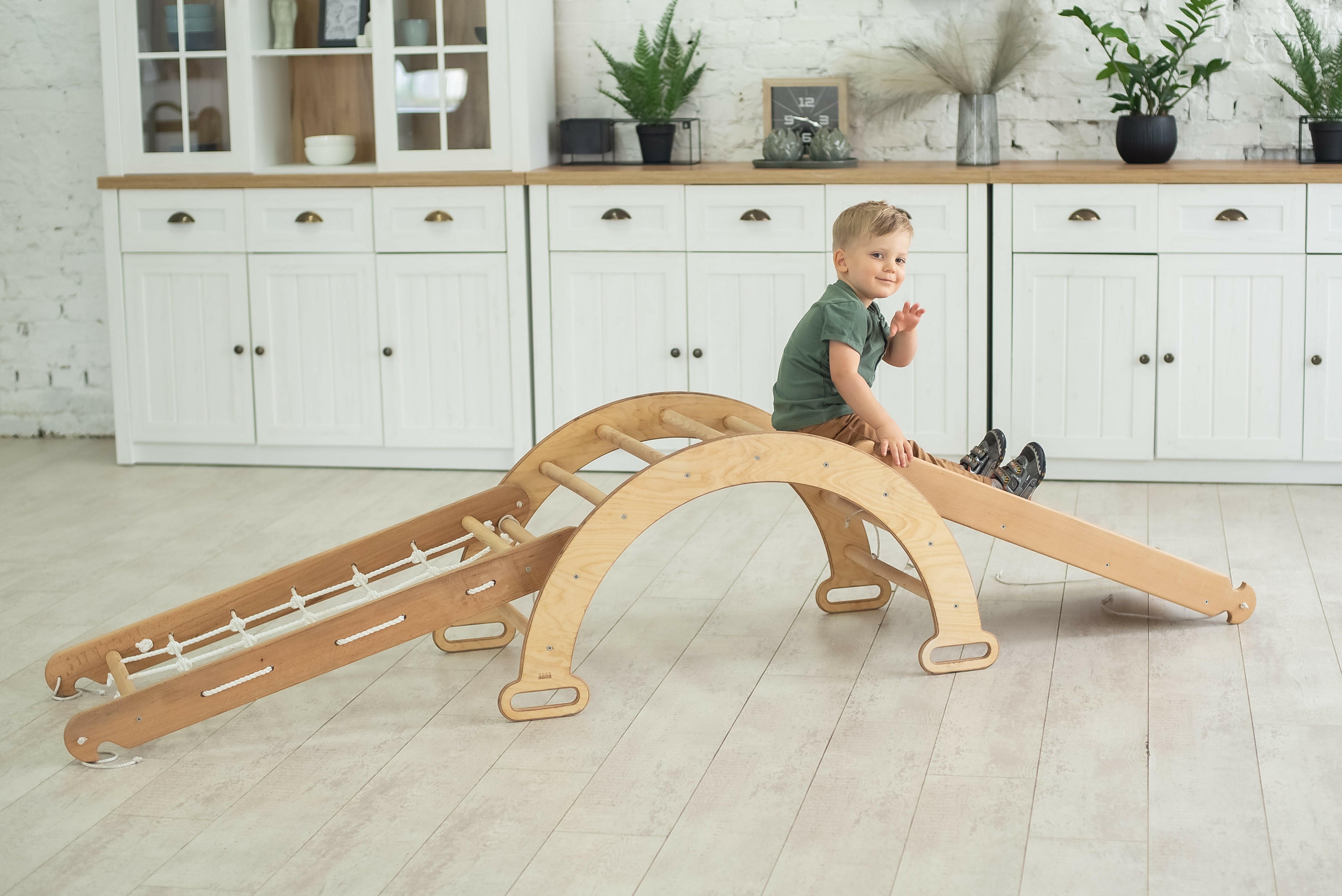 3in1 Montessori Climbing Frame Set: Arch/Rocker + Slide Board + Net – Beige 3in1 Playsets Goodevas