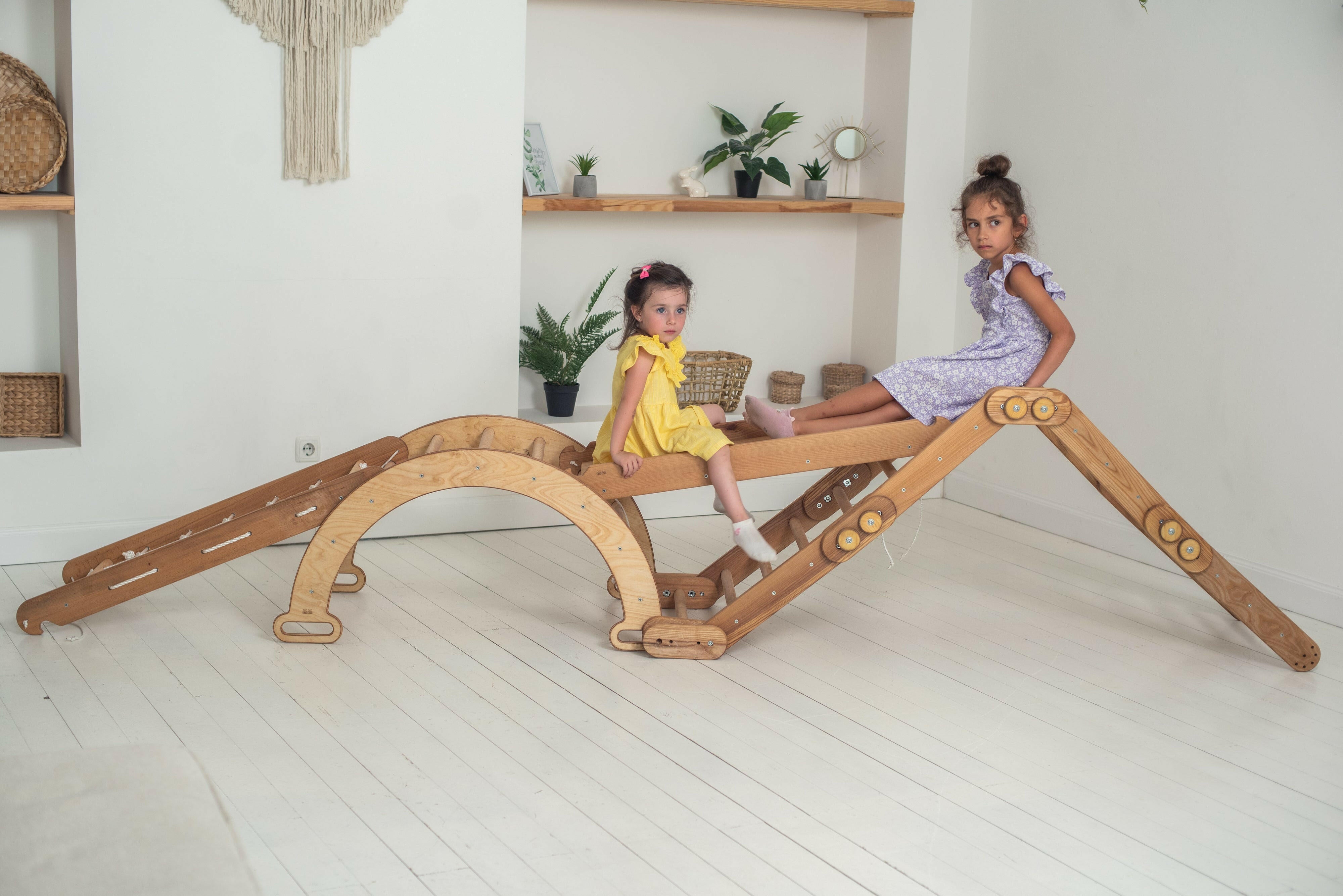 4in1 Montessori Climbing Frame Set: Snake Ladder + Arch/Rocker + Slide/Ramp + Net – Beige 4in1 Playsets Goodevas