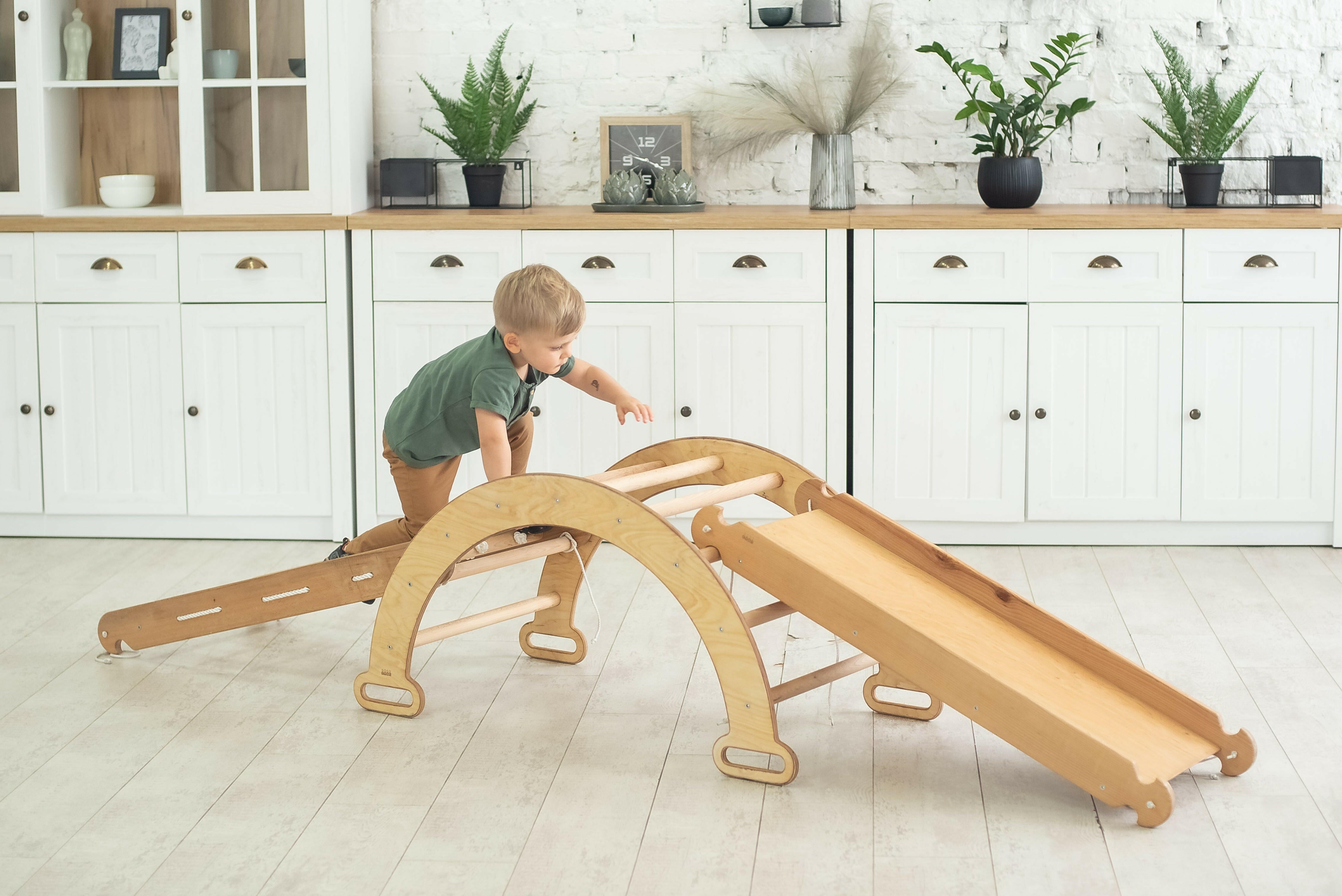 3in1 Montessori Climbing Frame Set: Arch/Rocker + Slide Board + Net – Beige 3in1 Playsets Goodevas